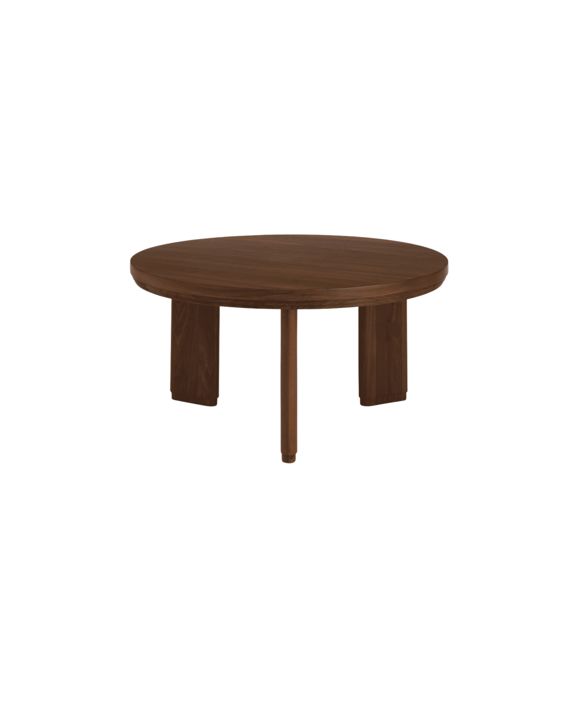 Round wooden table with a smooth, grainy top and sturdy legs set against a black background.