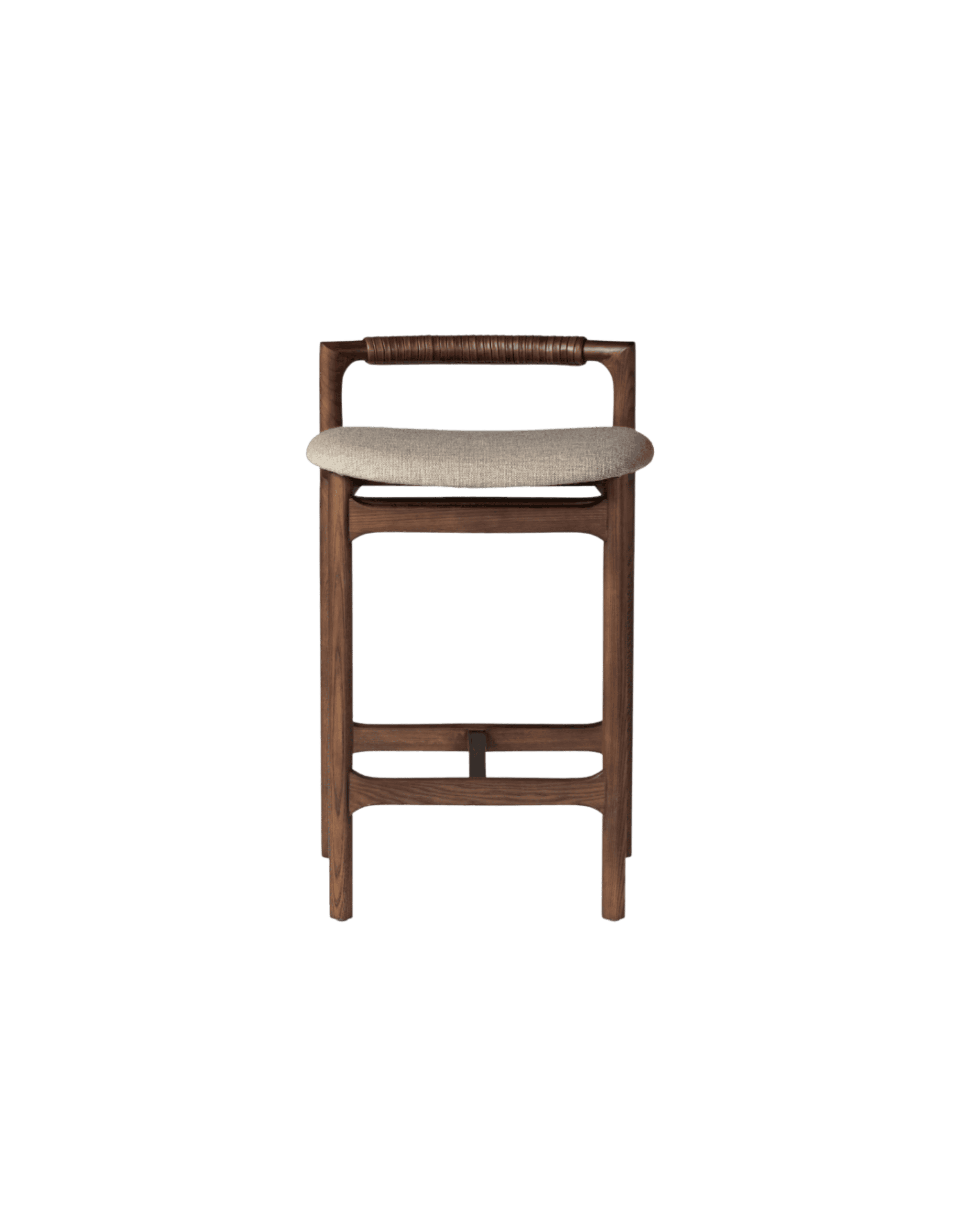 Wooden chair with a beige cushioned seat shown from the front against a black background.