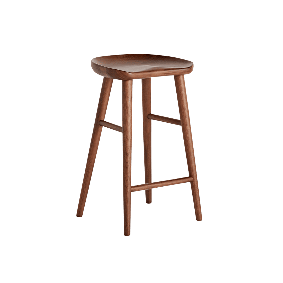 Wooden bar stool with a rounded seat and four tall legs connected by a footrest.