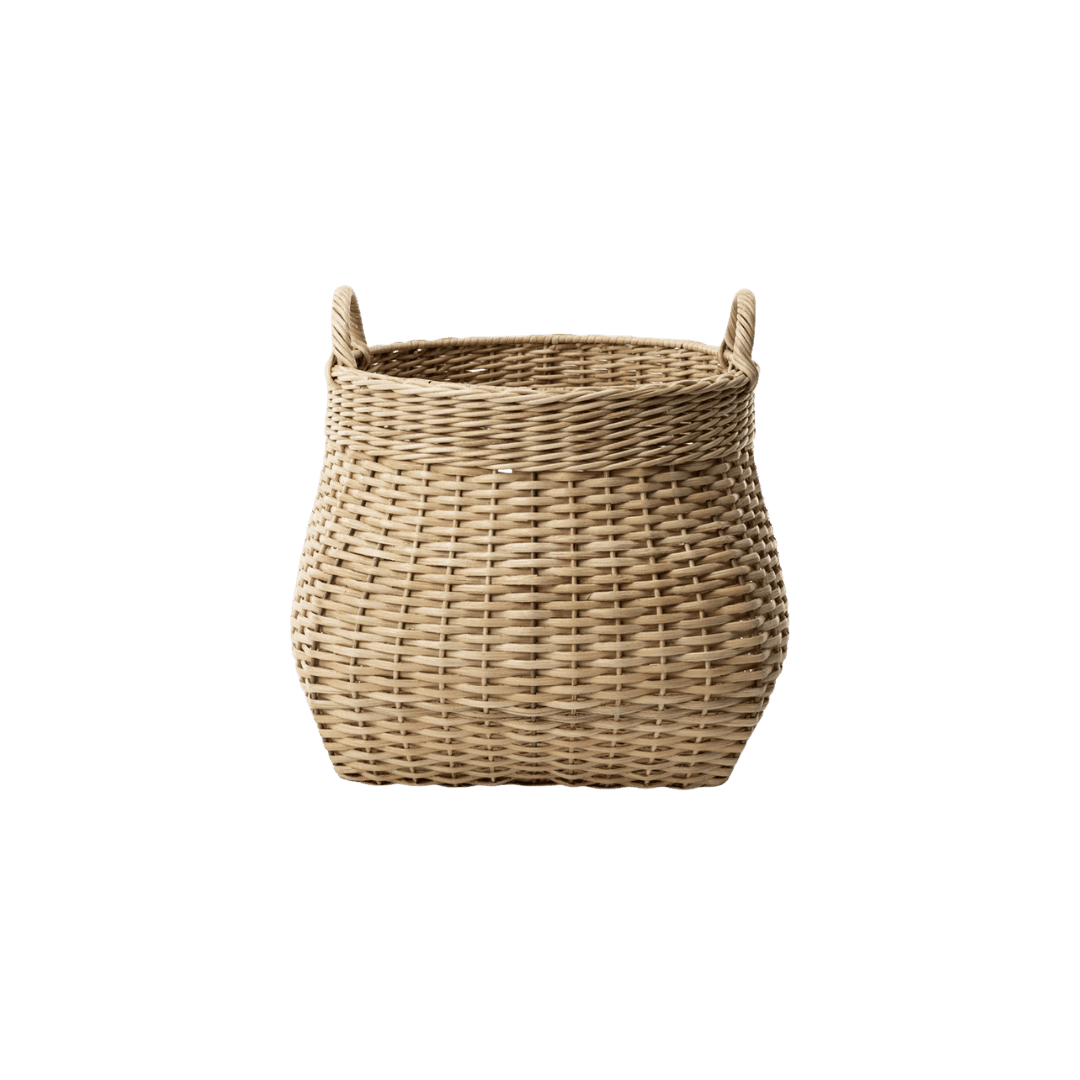 Woven wicker basket with two small handles on top edge.