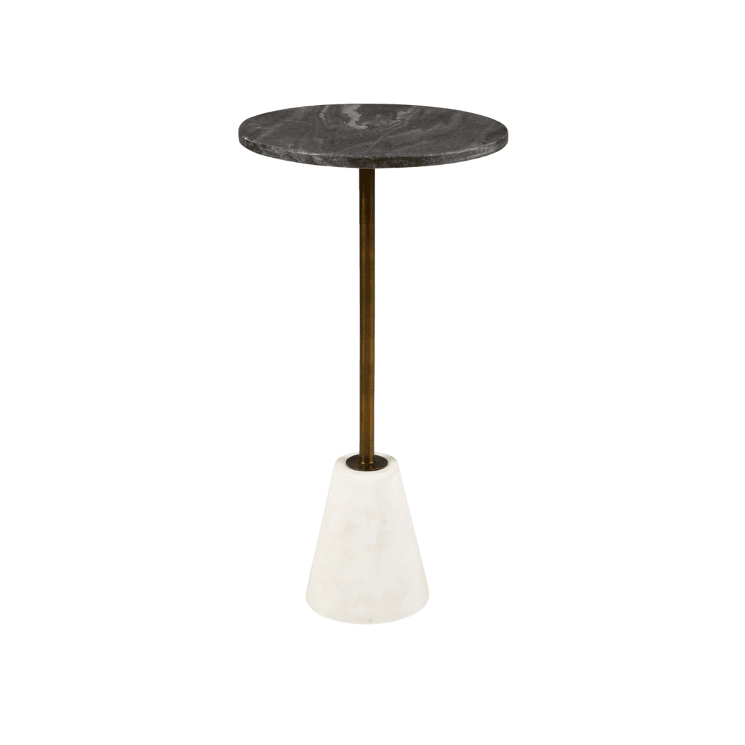 Round dark marble-top table on a bronze stem with a tall white cone base (side table).