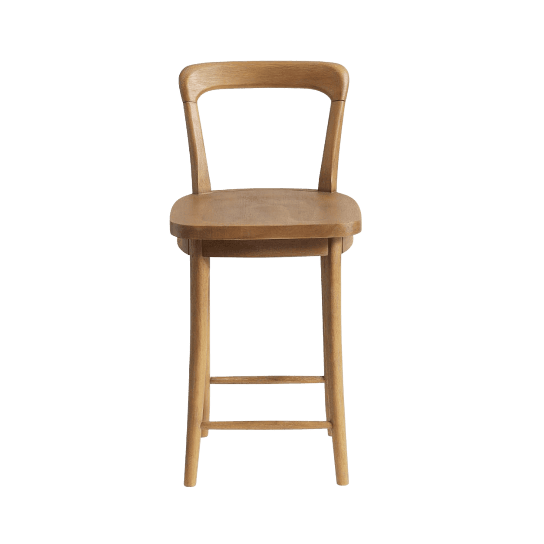 Wooden high stool with curved backrest, four legs, and a footrest.