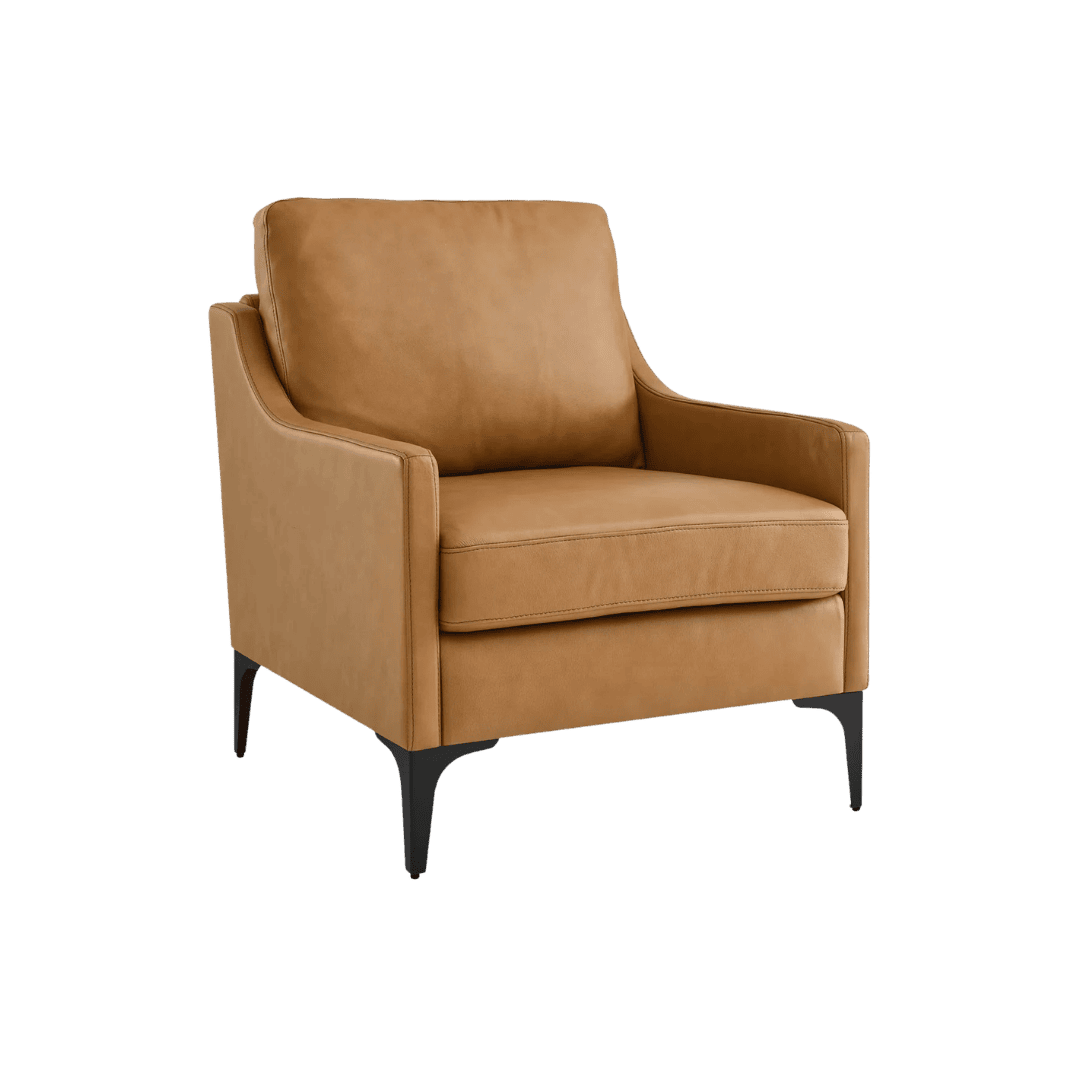 Tan leather upholstered armchair with clean lines and black tapered legs, cushions included for comfort.