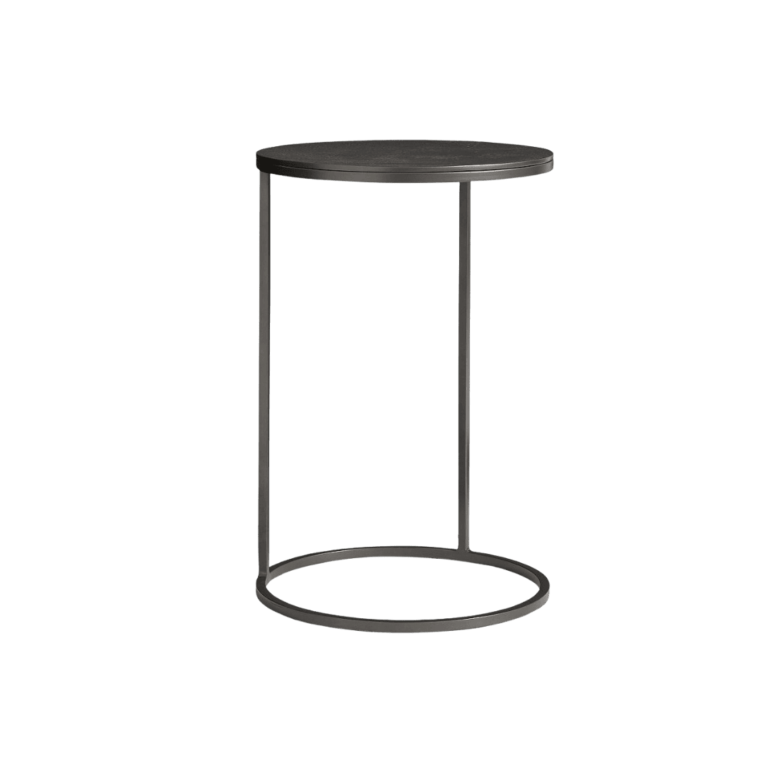 Round black metal side table with a circular base and slim legs; minimalistic design