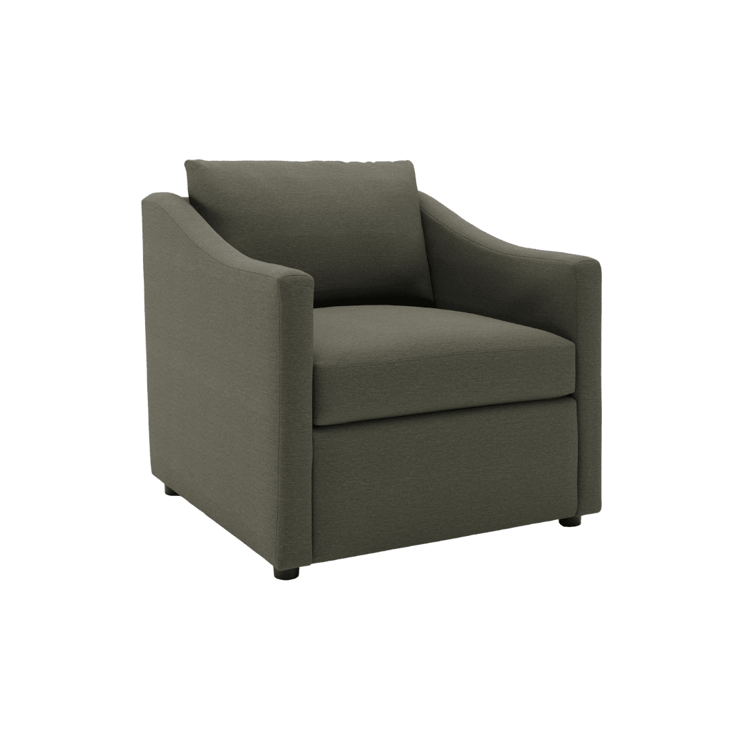 Dark gray upholstered armchair with rounded arms and a cushioned seat.