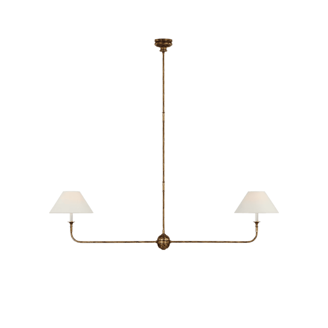 Bronze ceiling chandelier with a central vertical rod and two arms ending in white lampshades on each side