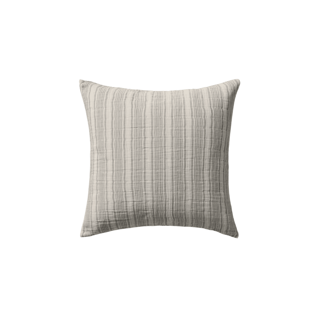 Square decorative pillow with blue-grey vertical stripes on a light background
