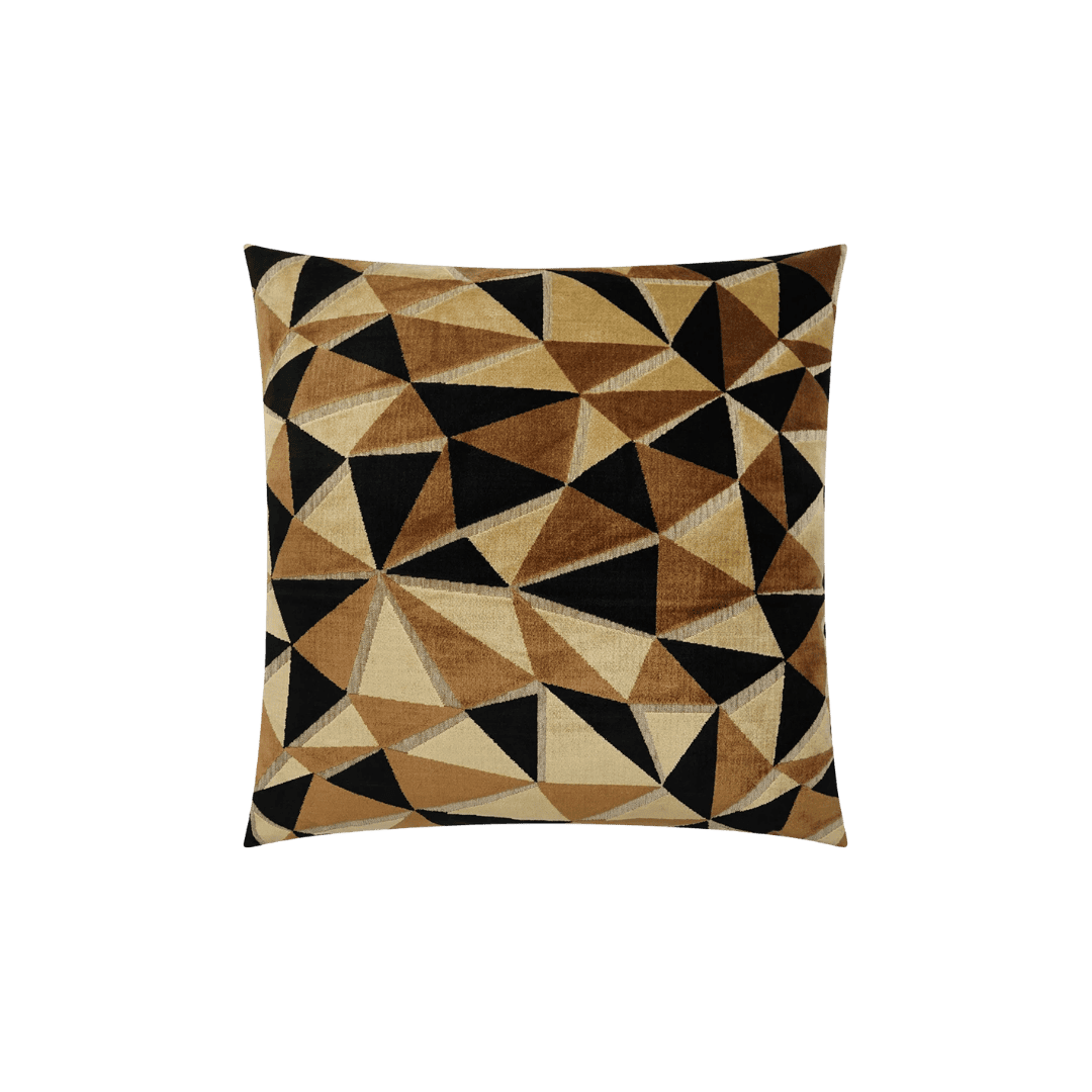 Decorative square pillow with a brown, beige, and black geometric triangle pattern.