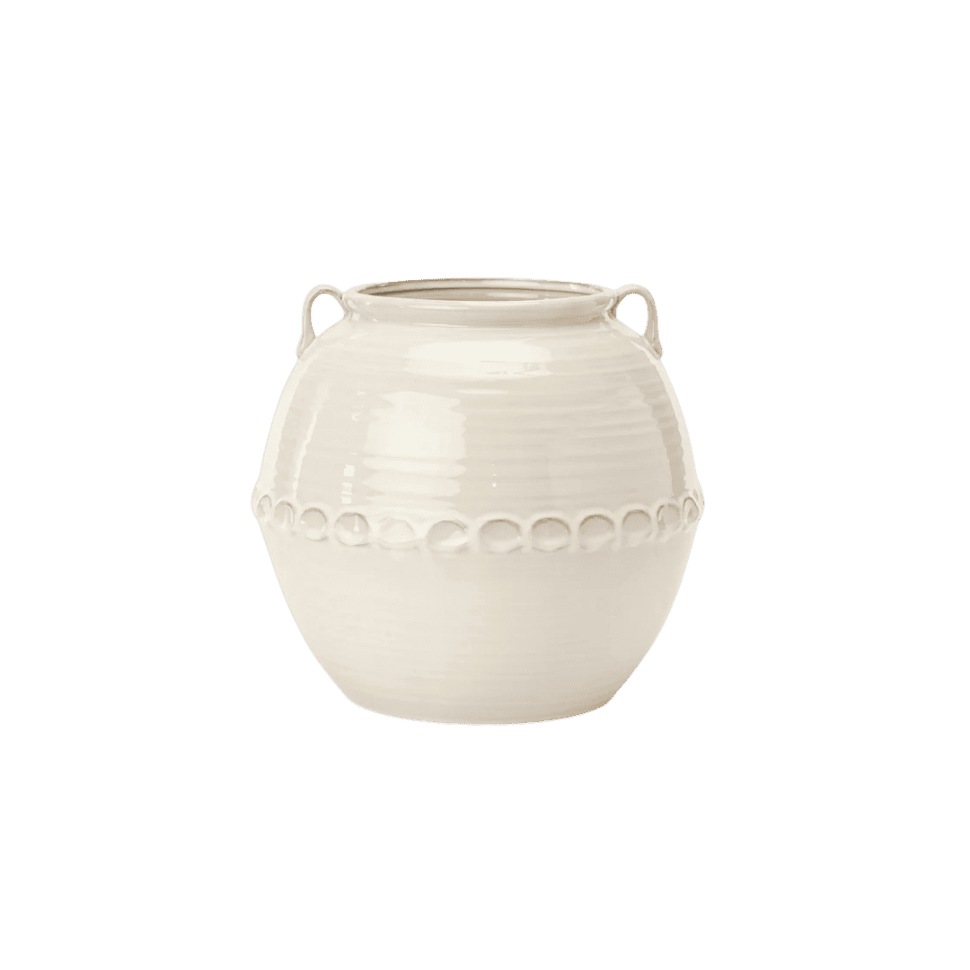 White glazed ceramic jar with two small loop handles and a beaded band around its midsection.