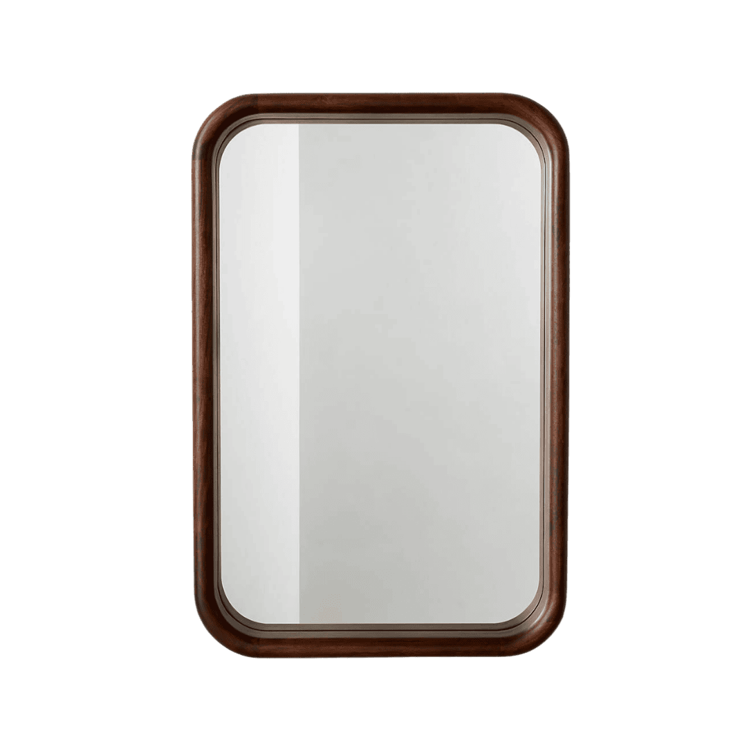 Rectangular mirror with rounded corners and a dark wood frame