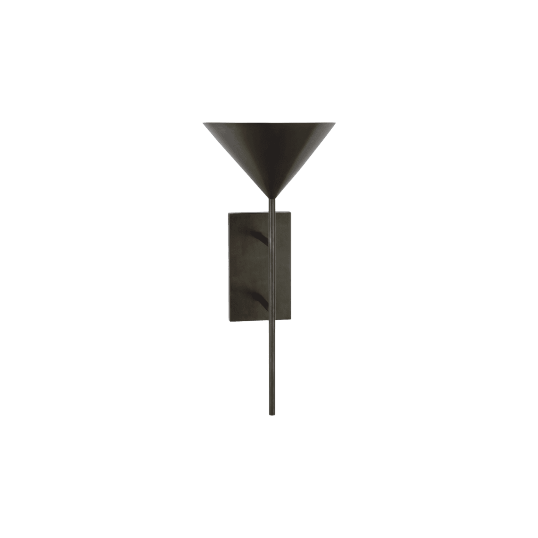 Black metal wall sconce with a tall conical shade and rectangular backplate, designed for outdoor use.