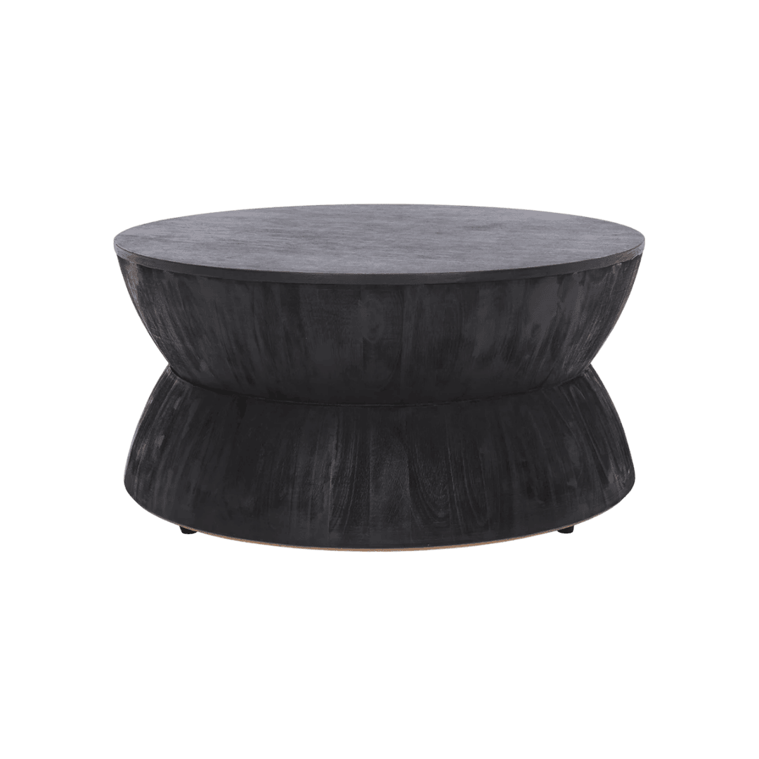 Round black coffee table with a wide, shallow top and a curved, bulbous pedestal base.