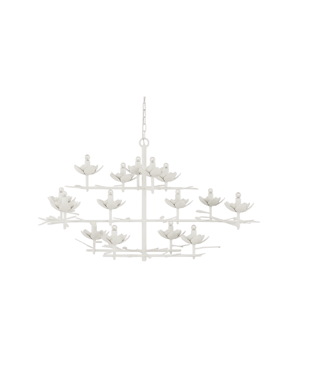 White decorative chandelier with-tiered branches and flower-shaped candle cups, ready to hang against a green background