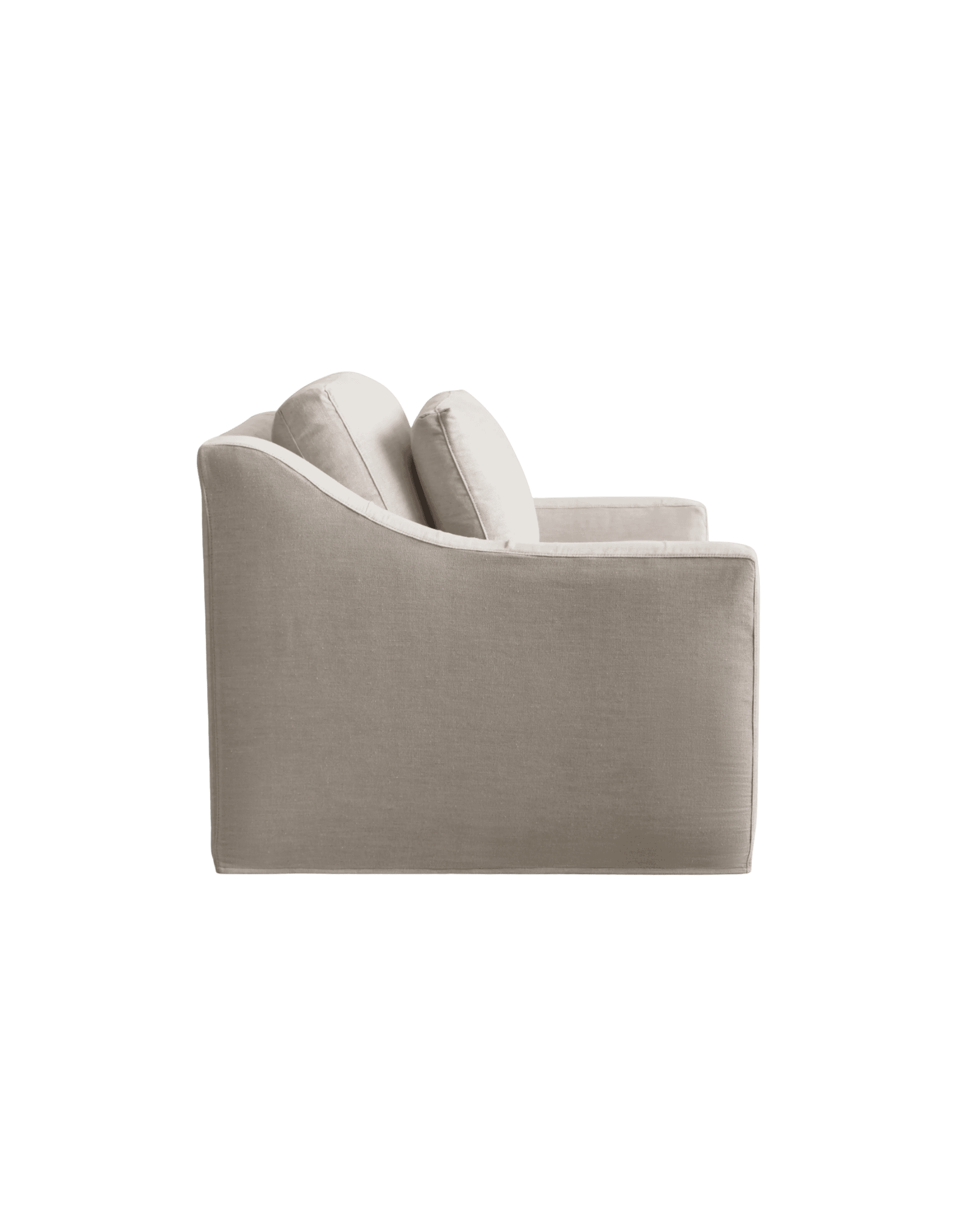 Beige upholstered sofa with two matching cushions, shown against a black background.