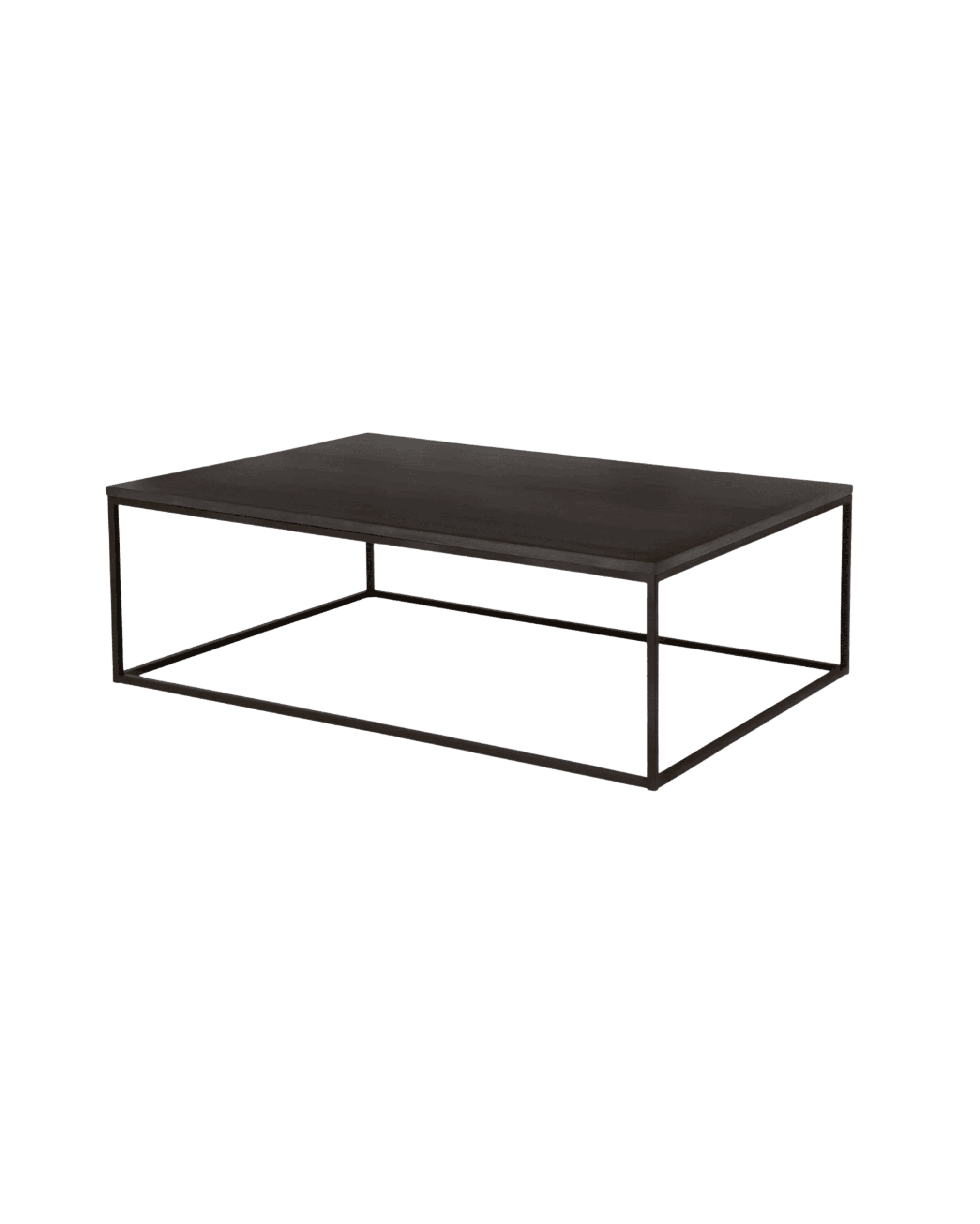 Rectangular dark wood coffee table with a slim metal frame against a black background