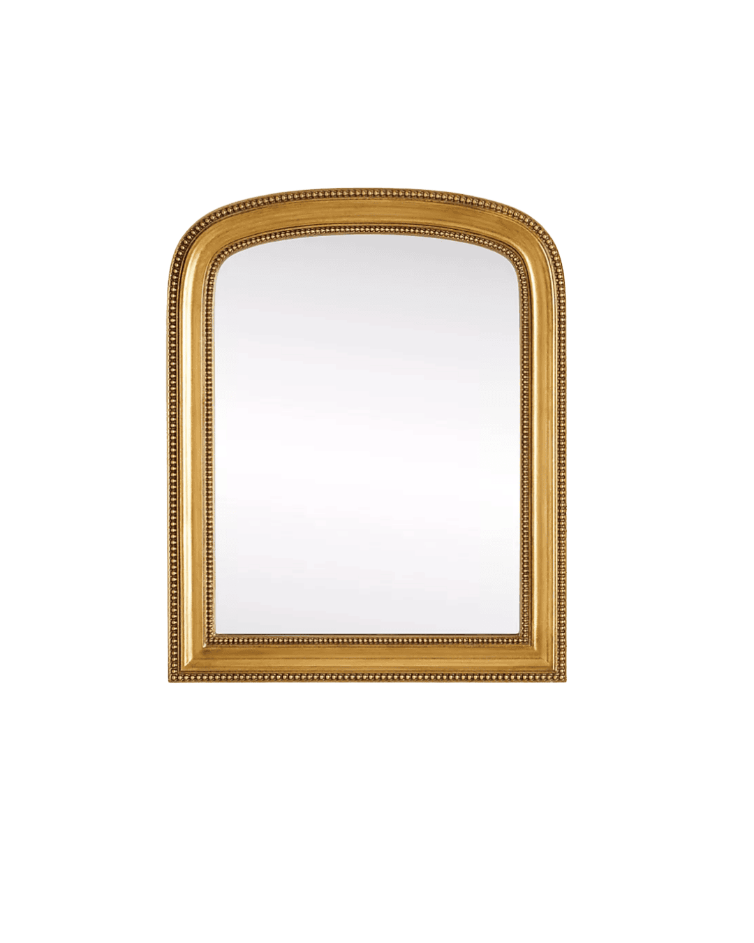 Ornate gold-framed mirror with a rounded-arch top on a green background, showing reflective glass in the center.