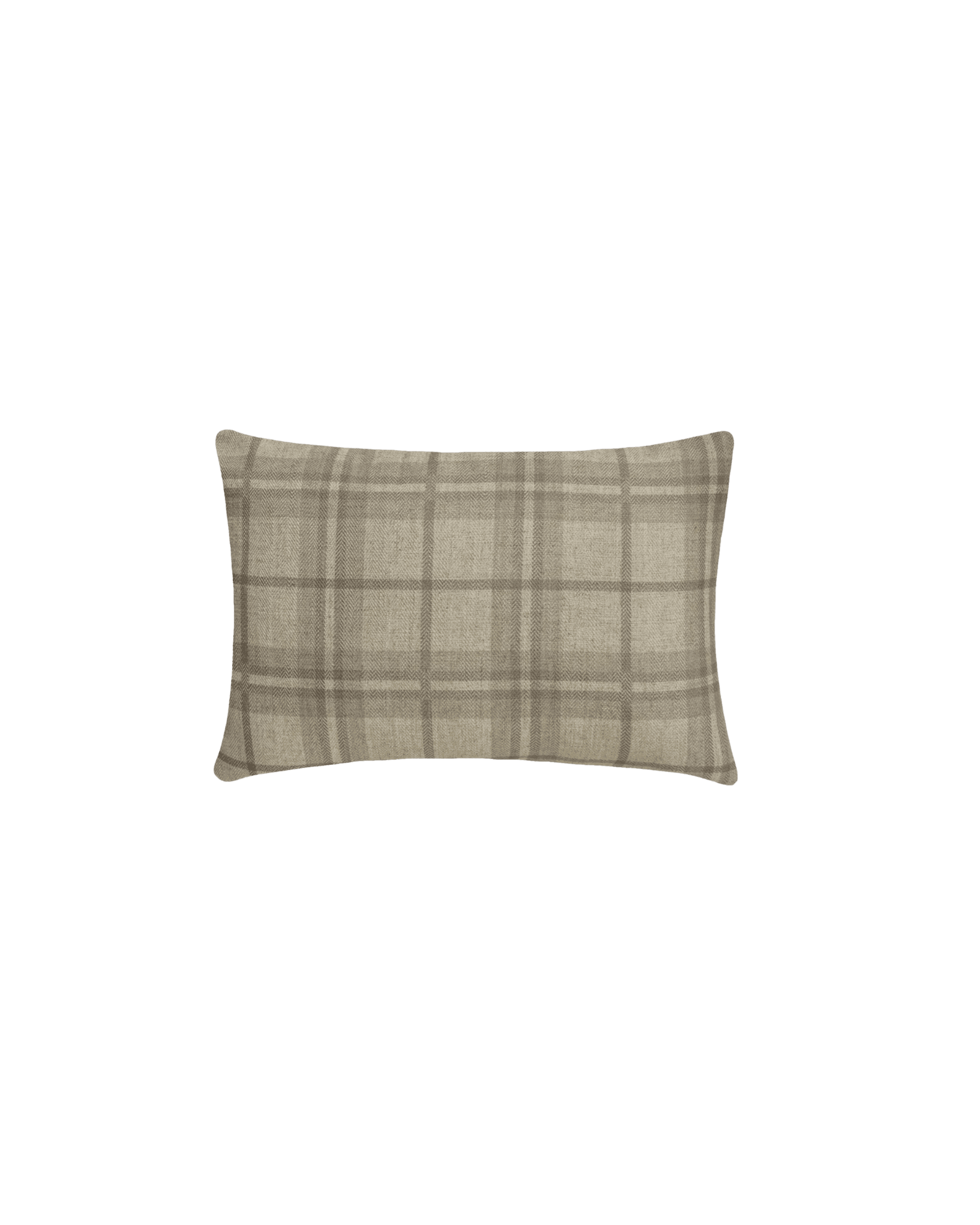 Beige plaid cushion centered at the bottom on a black background.
