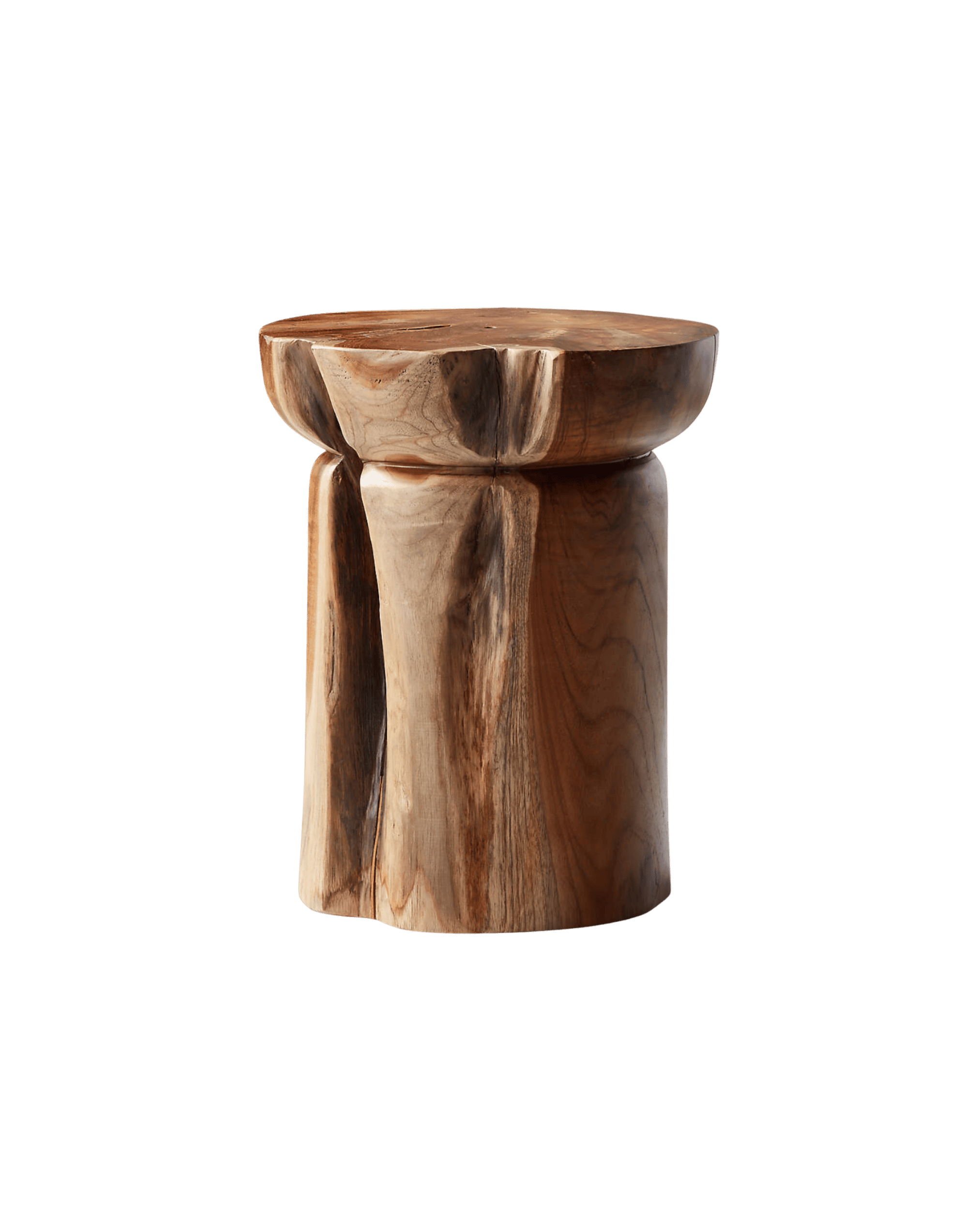 Close-up of a polished wooden pedestal table top with a rounded, carved column base visible against a black background, showing natural wood grain.