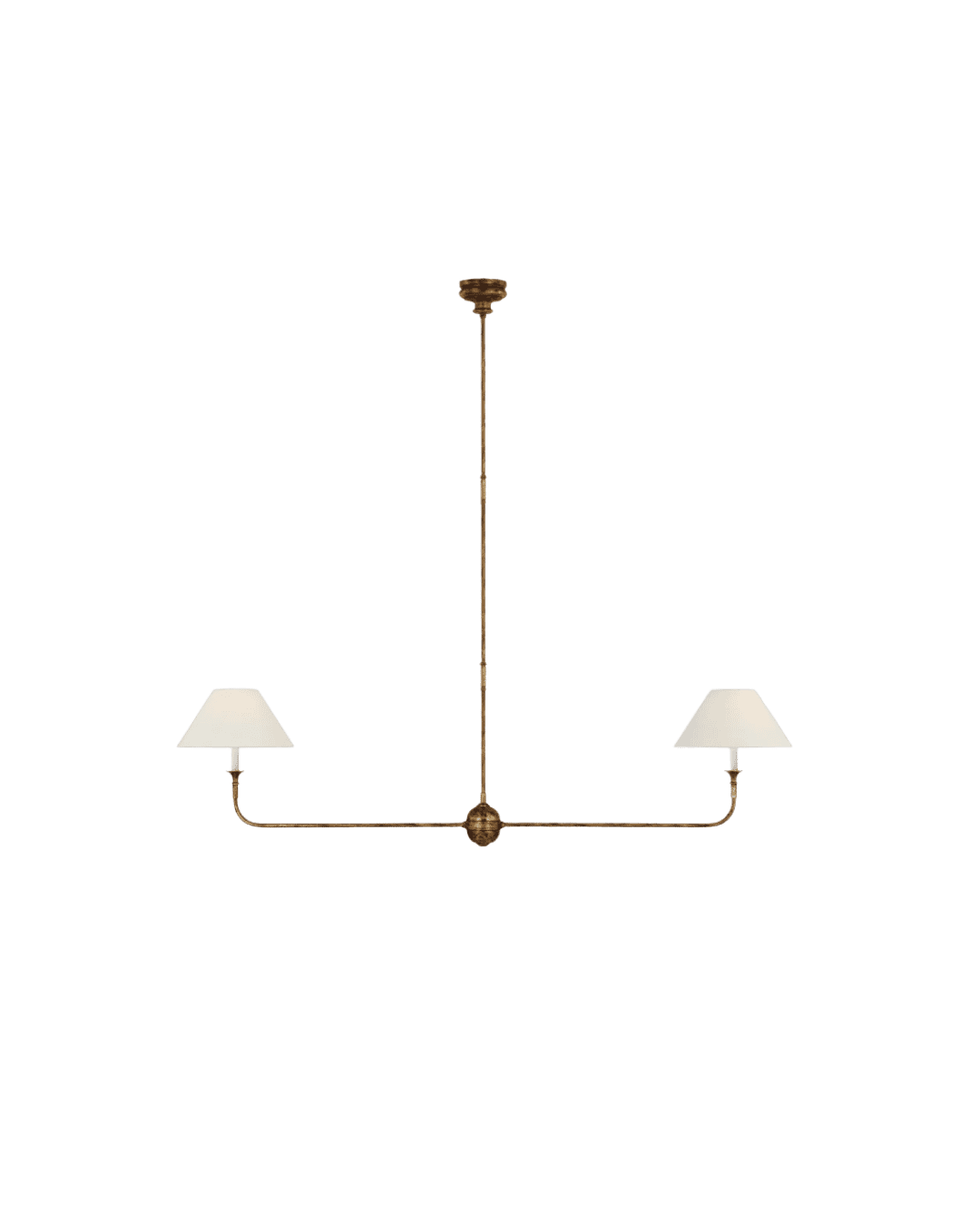 A vintage ceiling chandelier with two lampshades at each end of a curved horizontal bar and a vertical stem attaching to the ceiling