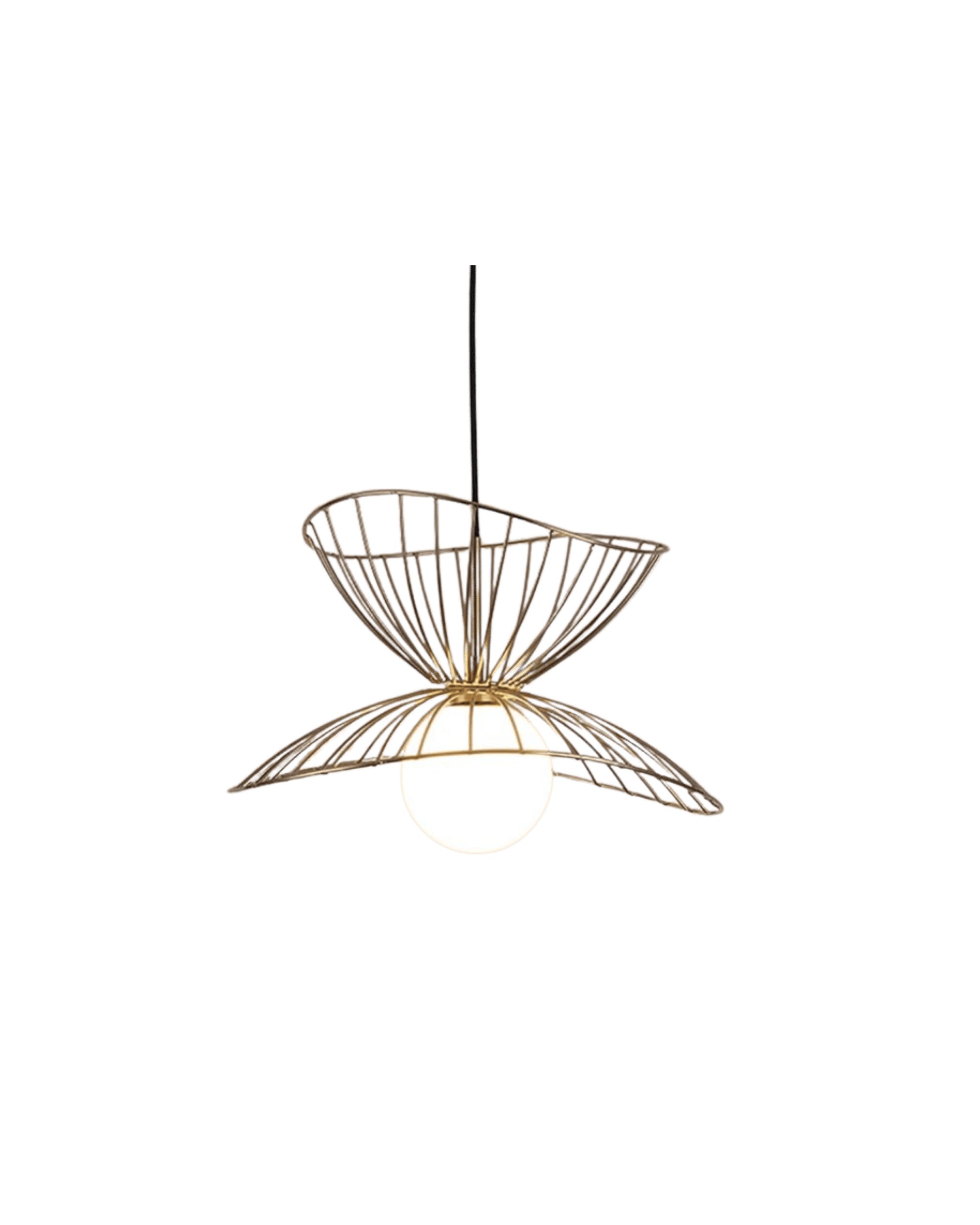 Double-tier wire-frame pendant light with two spherical bulbs hanging from a central rod, photographed against a black background