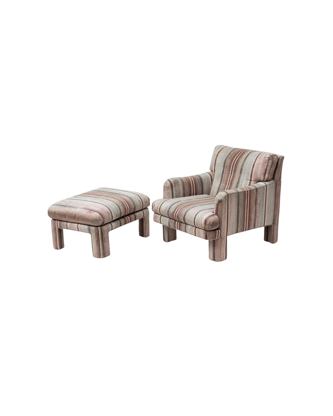 Striped upholstered armchair with a matching cushioned ottoman on wooden legs in pastel pink and beige tones