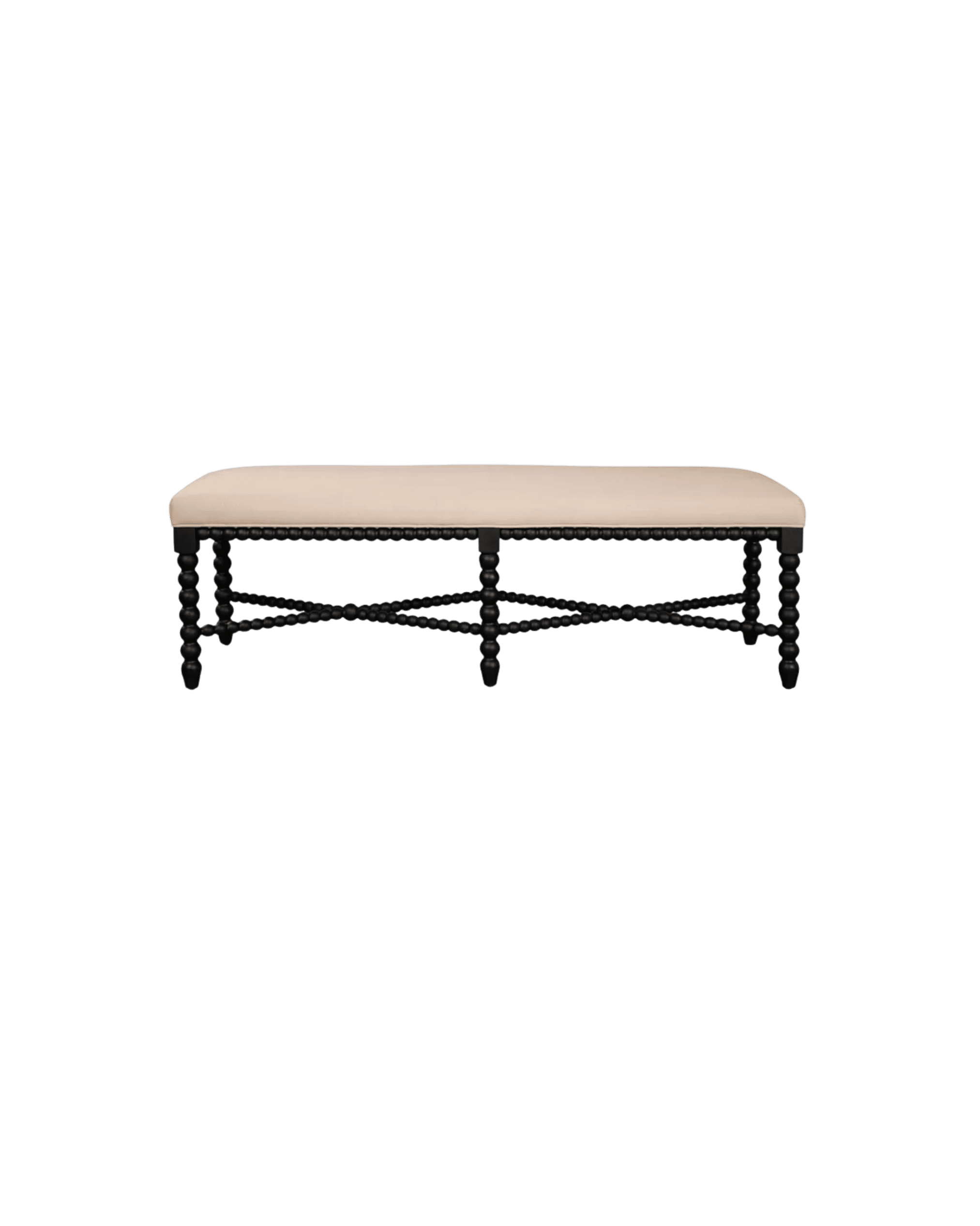Beige upholstered bench with black carved legs and nailhead trim, shown against a black background.