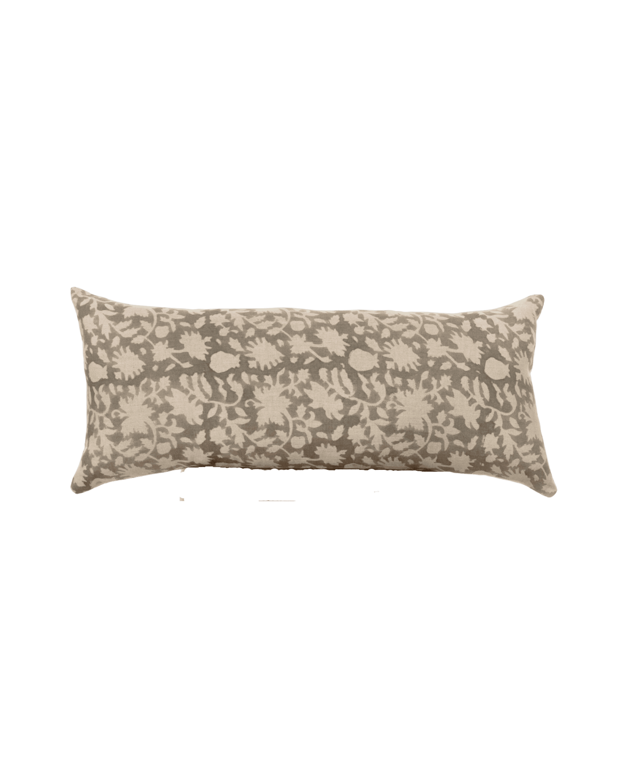 Rectangular throw pillow with a cream botanical pattern on gray fabric against a black backdrop.