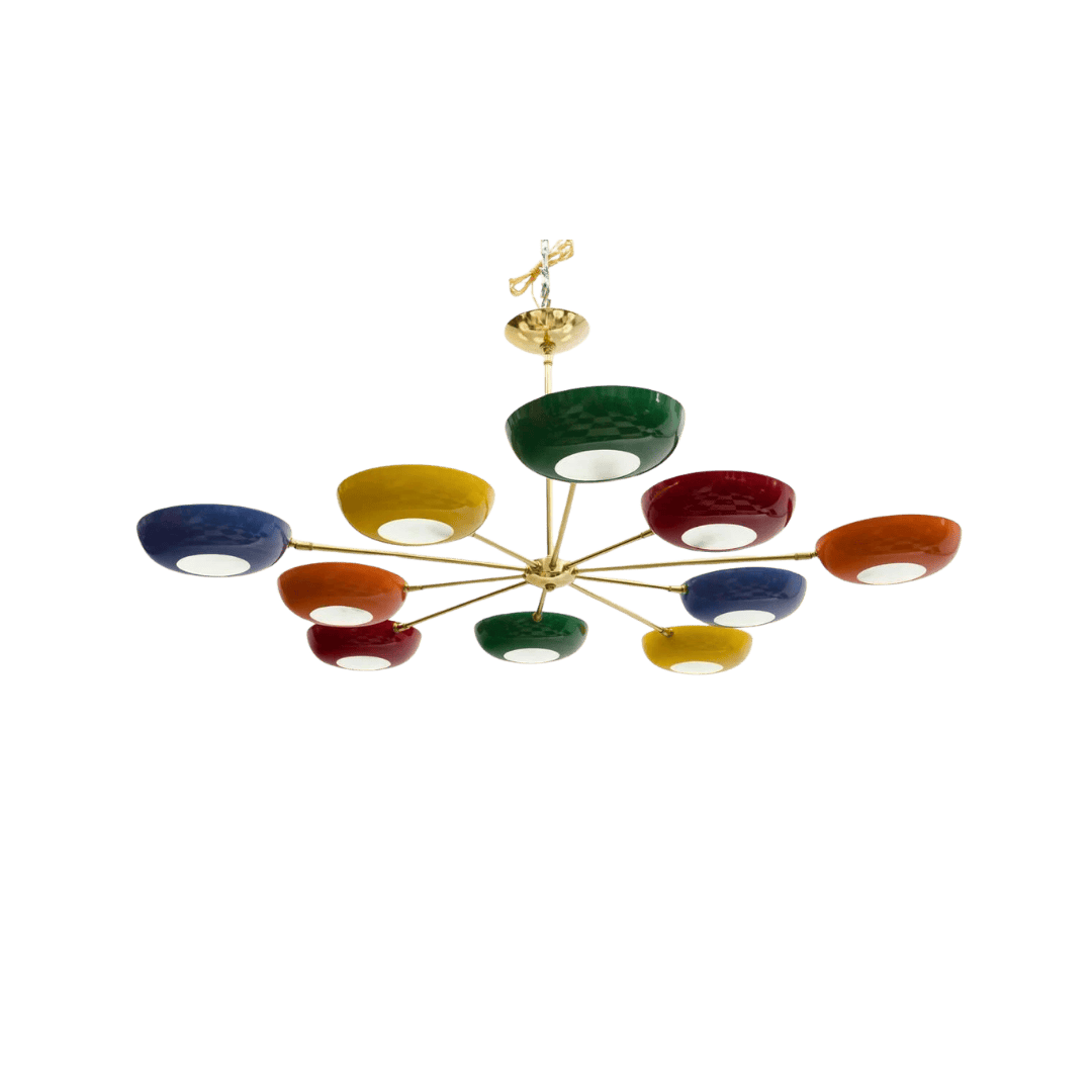Gold chandelier with multi-colored bowl-shaped glass shades arranged like a star on brass arms.