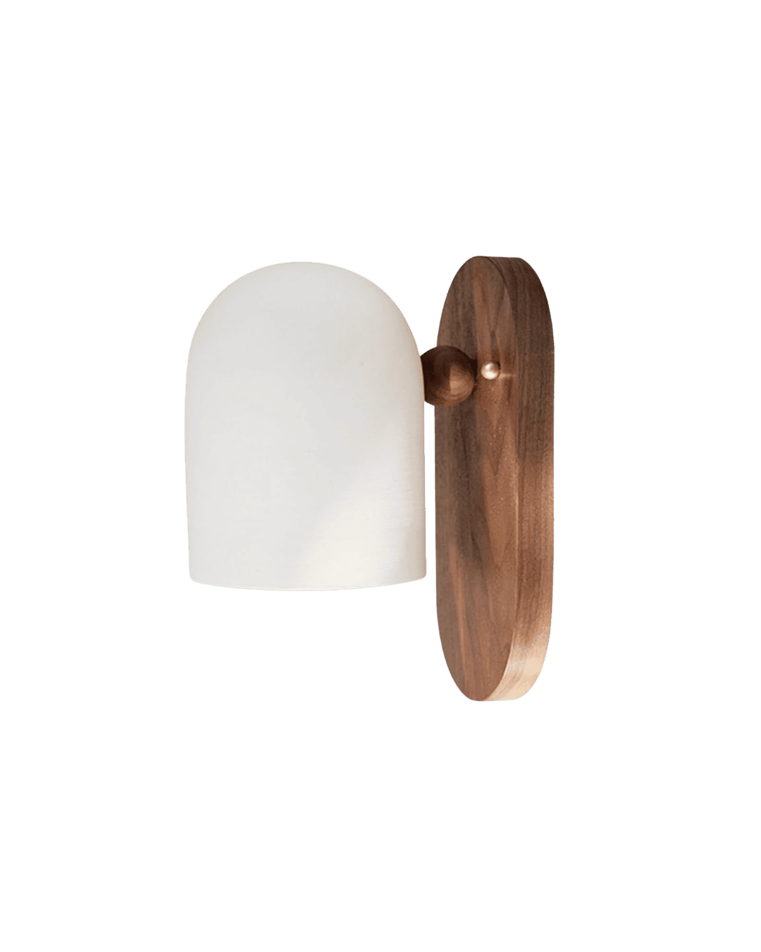Wall-mounted light sconce with a white curved shade and wooden baseplate/brace.