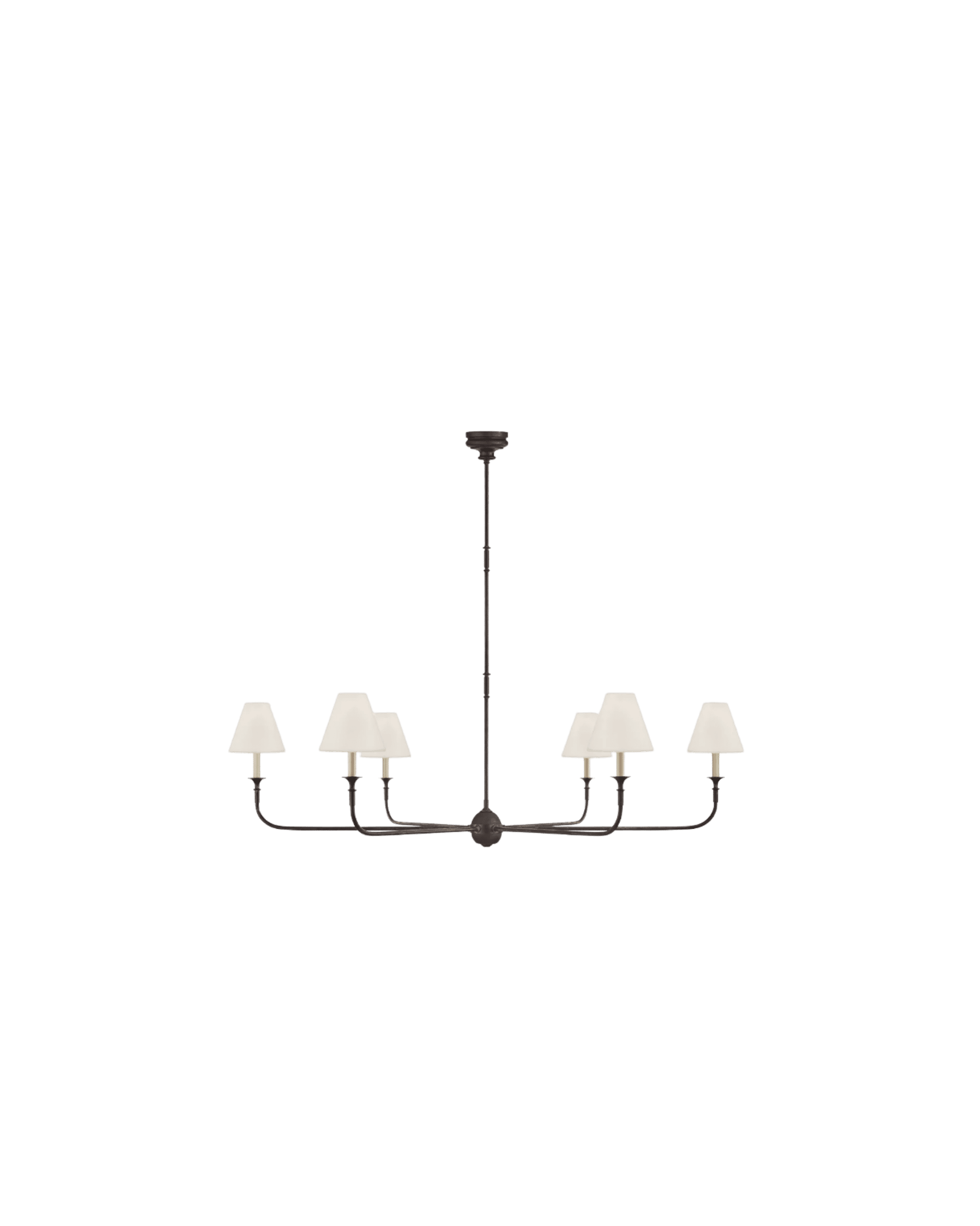 A dark metal chandelier with a central stem and eight arms holding white lampshades, set against a black background.