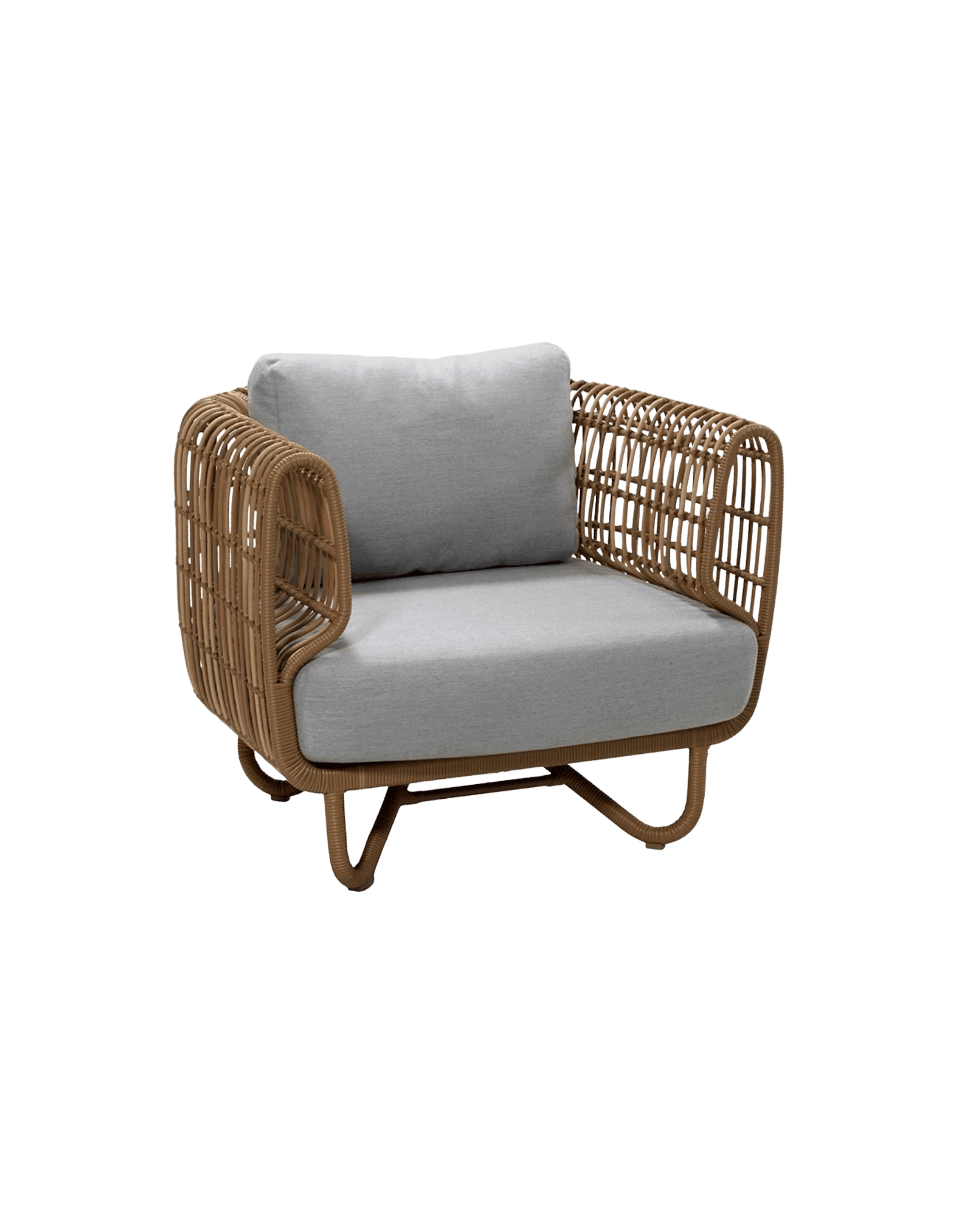 Wicker armchair with light gray cushions and a curved woven frame