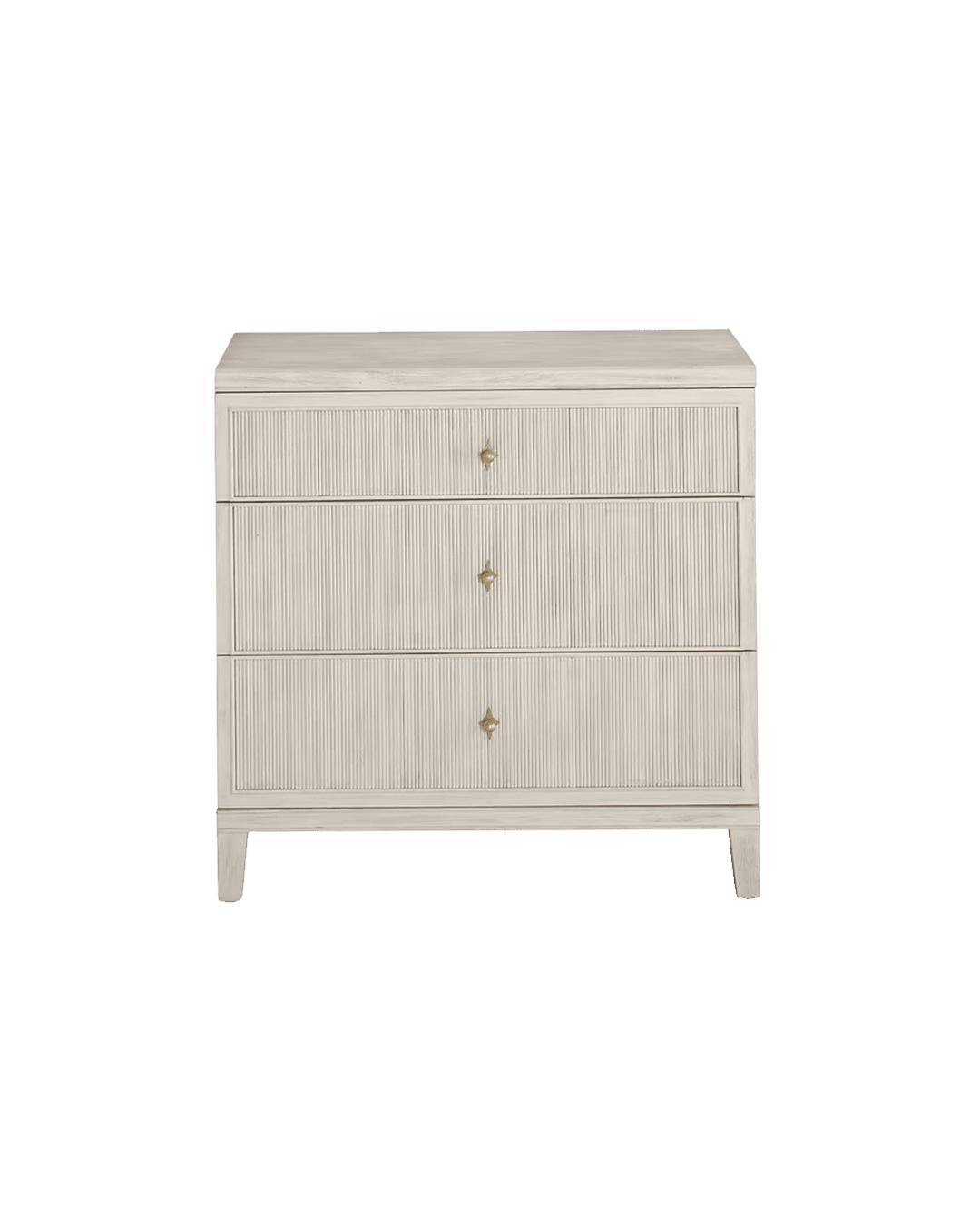 Light wood three-drawer dresser with vertical ribbed fronts and brass knobs on each drawer