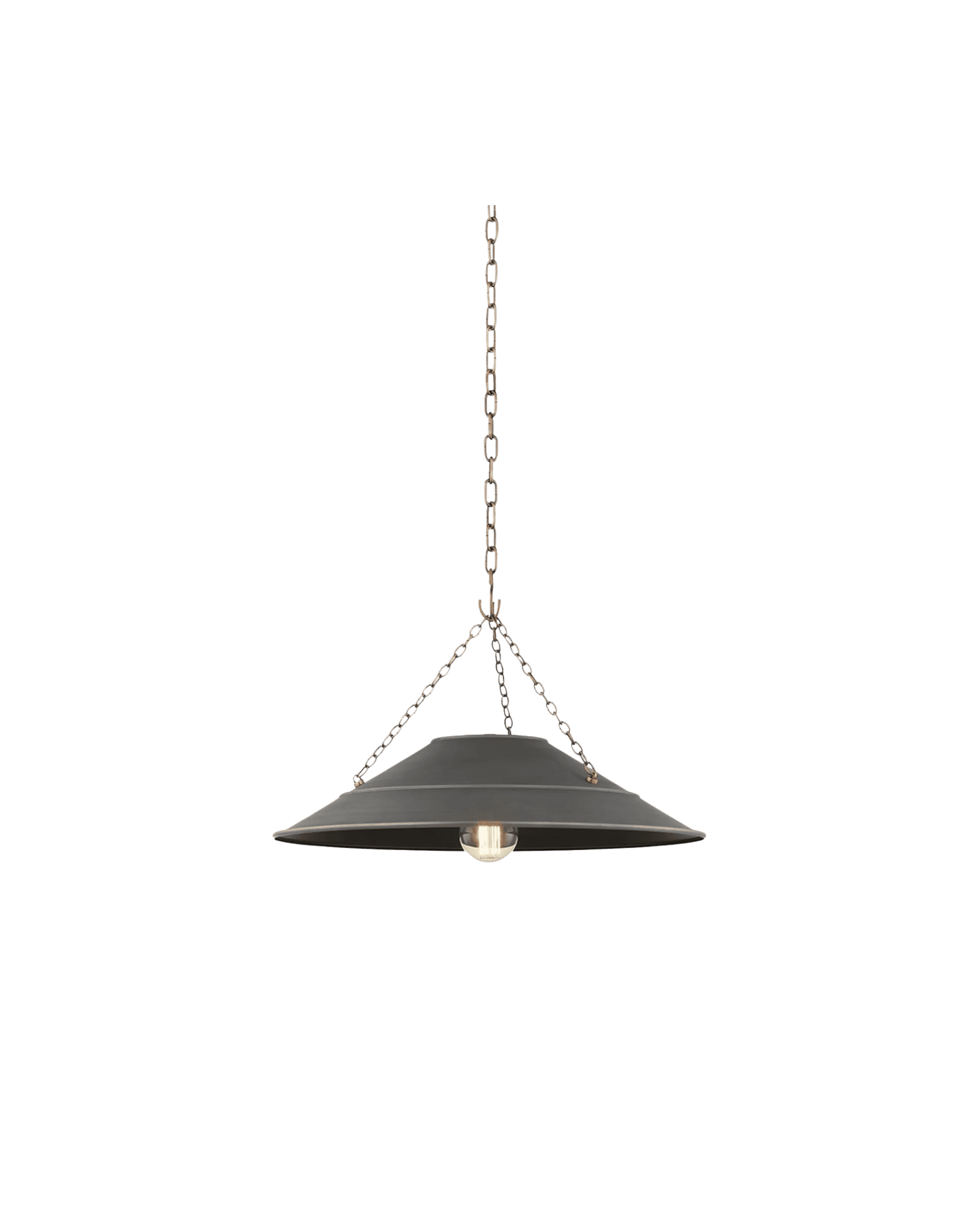 Industrial pendant light hanging from chains against a black background with a visible bulb inside the shade.