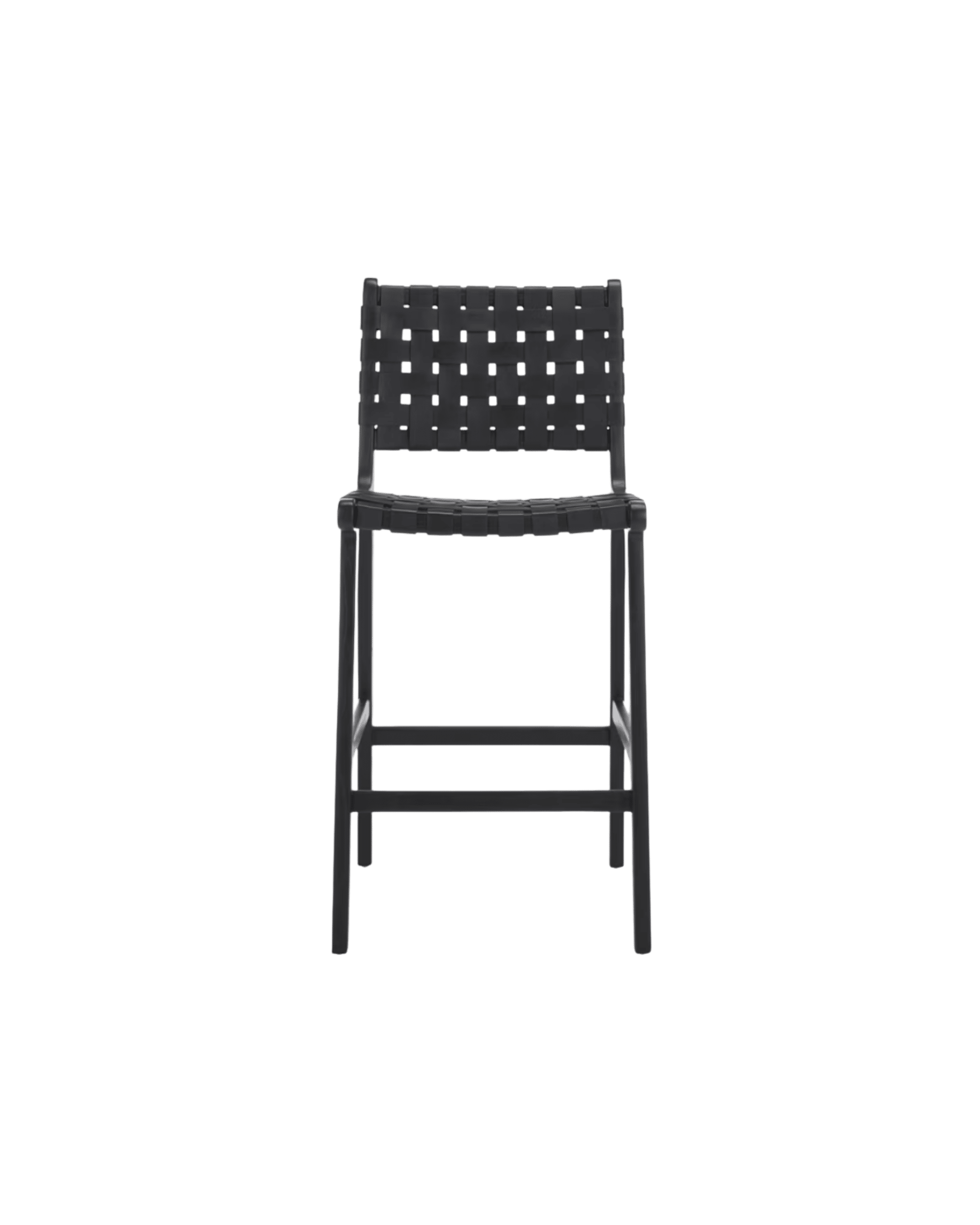 Black metal chair with a square-woven backrest and seat against a black background