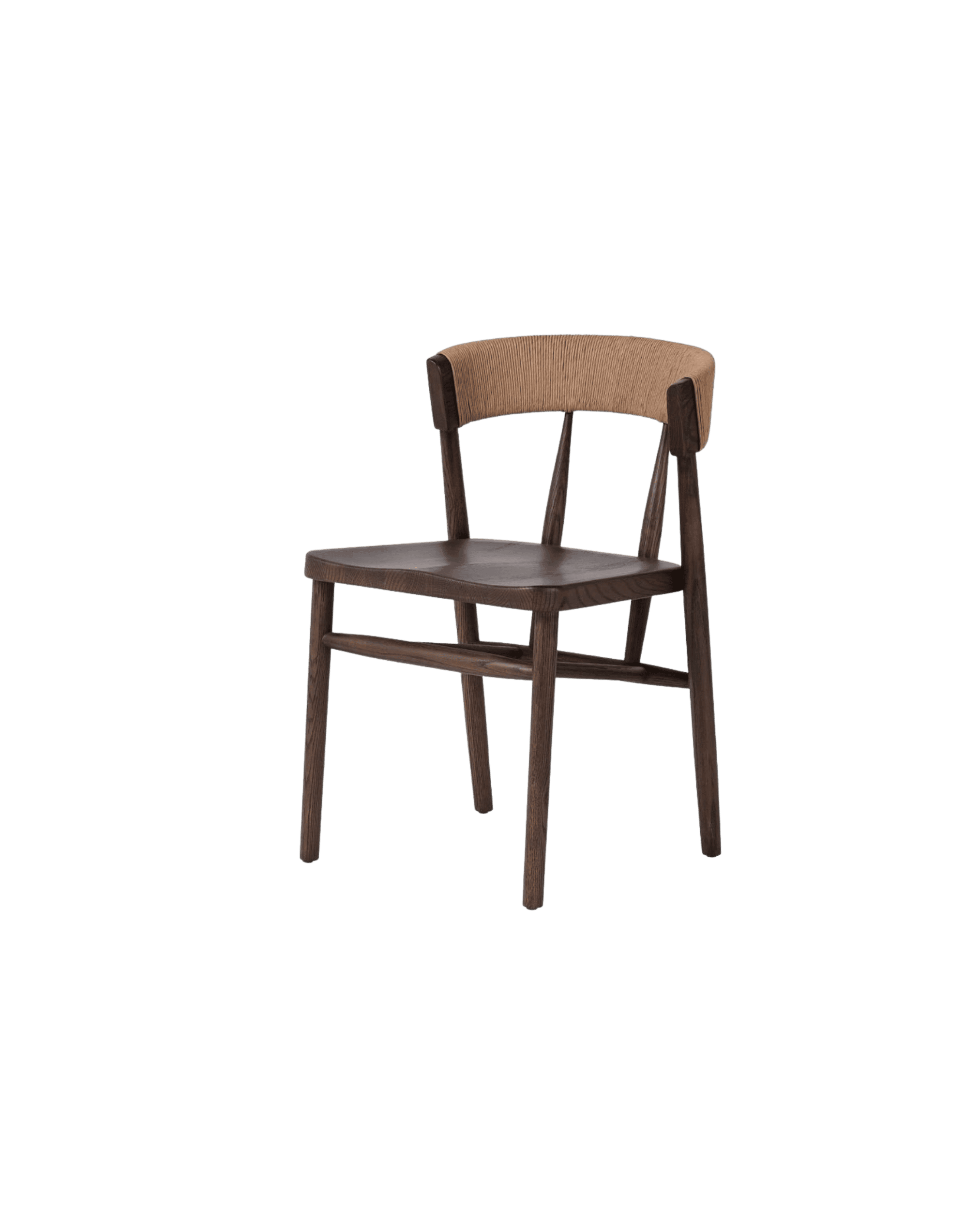 Partial view of a dark wooden chair with a woven wicker backrest against a black background.