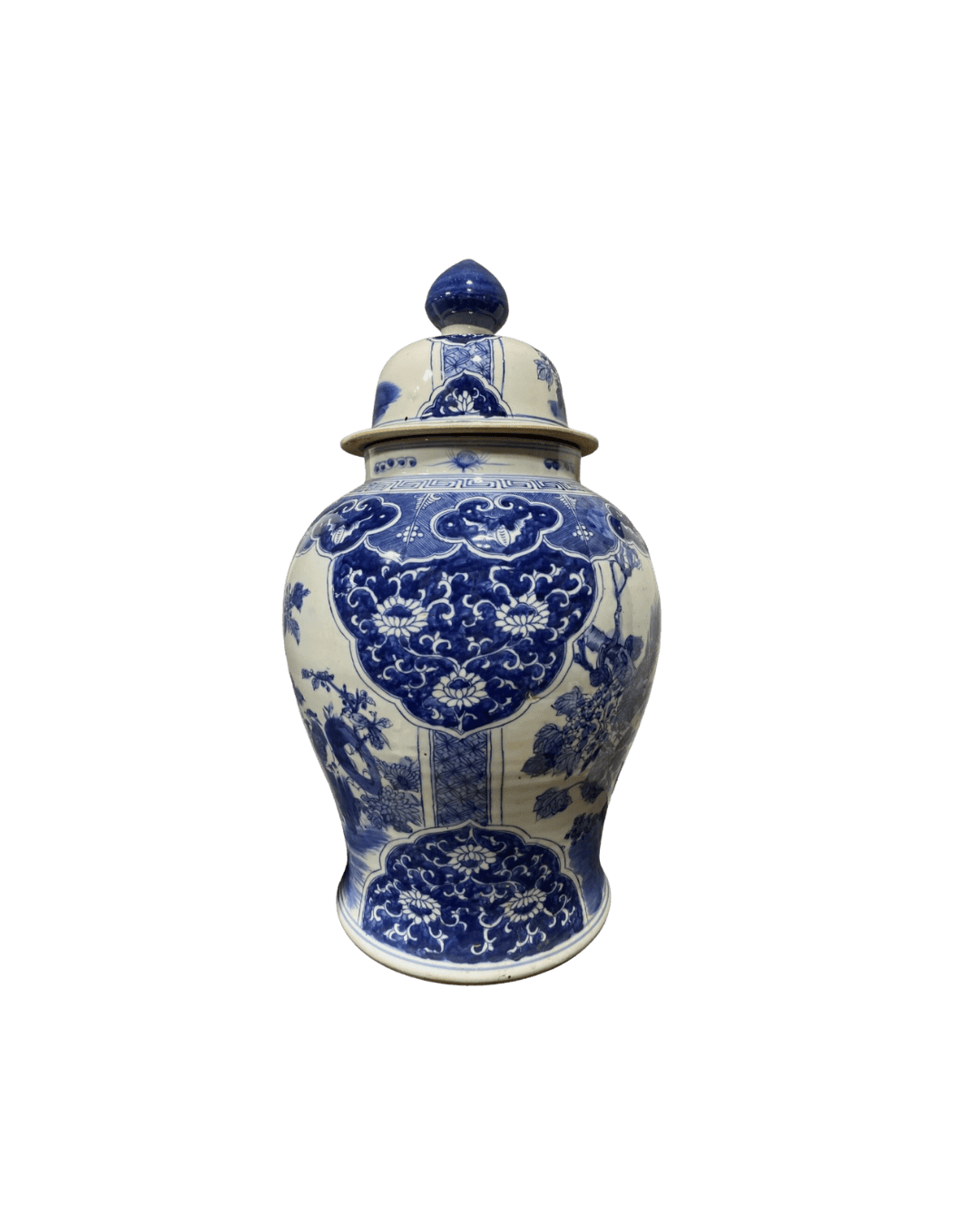 Blue and white porcelain vase with a lid, featuring ornate floral patterns (Chinese ginger jar)
