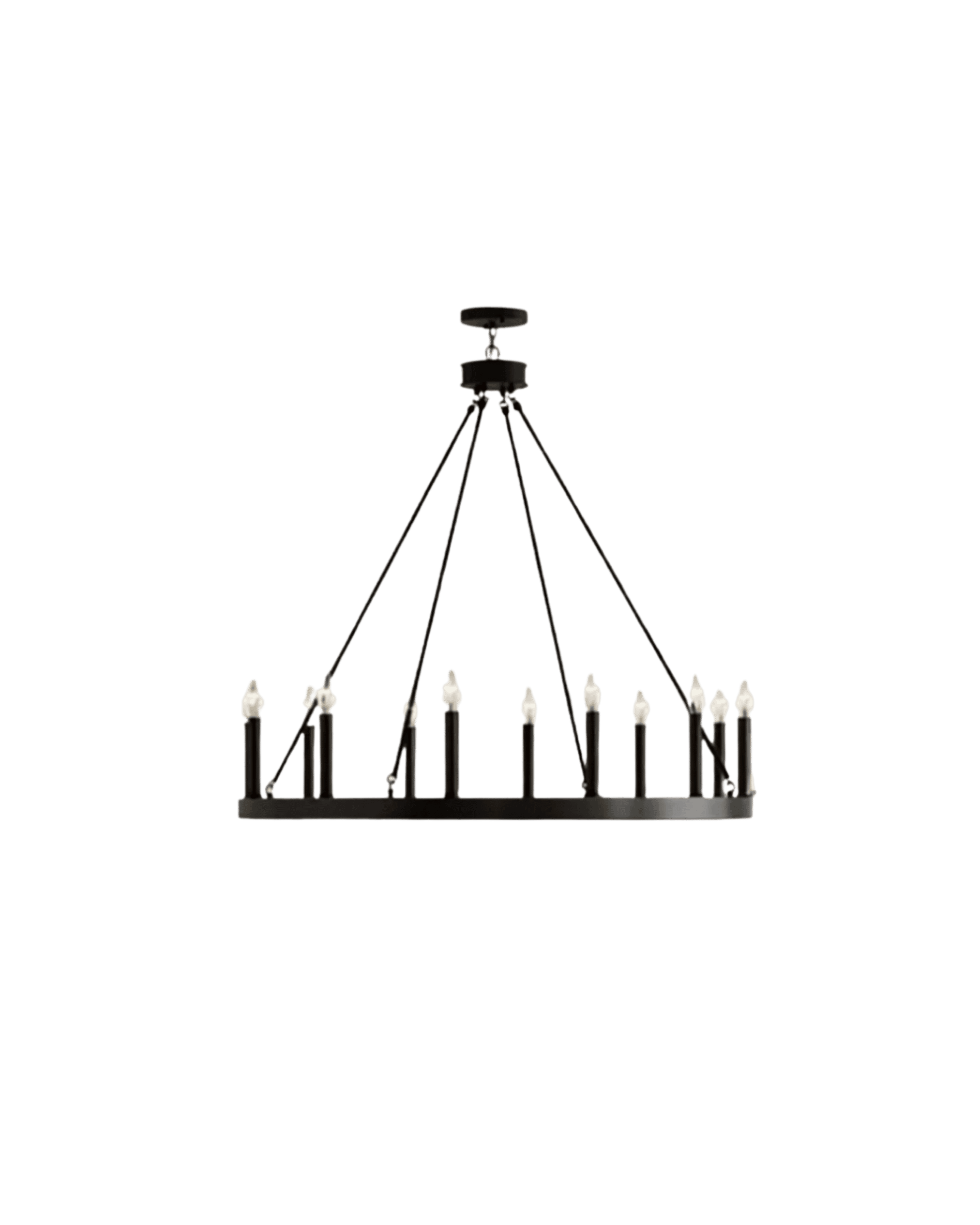 Chandelier with multiple candle-like lights hanging from thin cords over a black background.