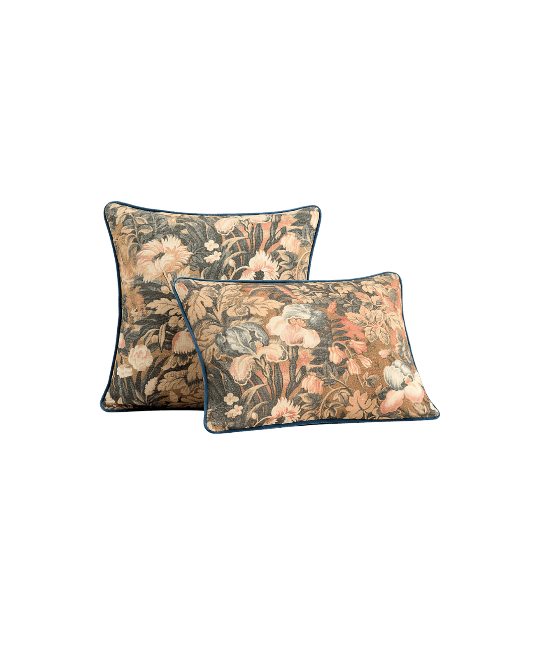 Two rectangular decorative pillows with a vintage floral pattern and dark blue piping edges.