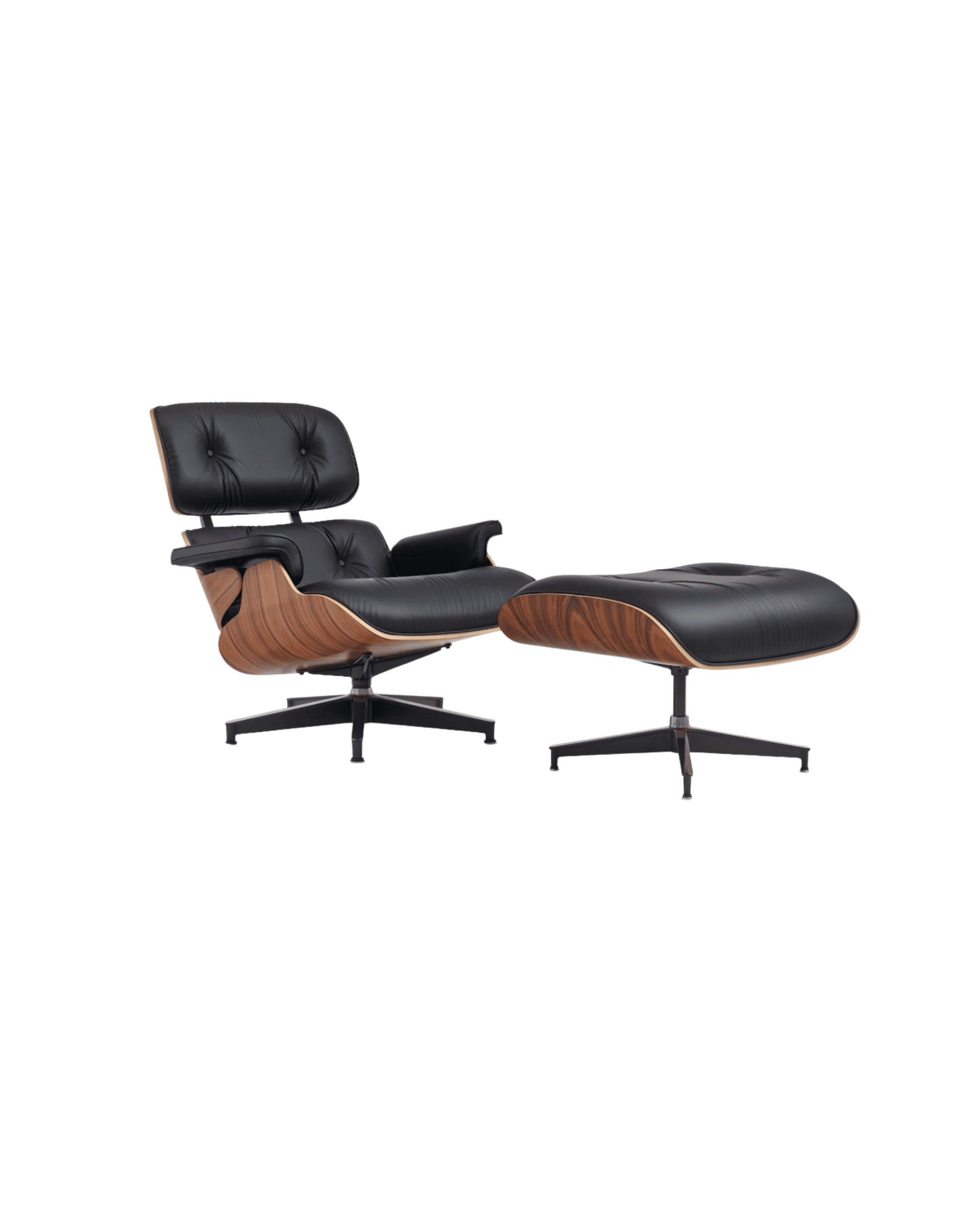 Black leather lounge chair with a matching curved-wood ottoman on a black background; tufted cushions and a 1980s-modern design.