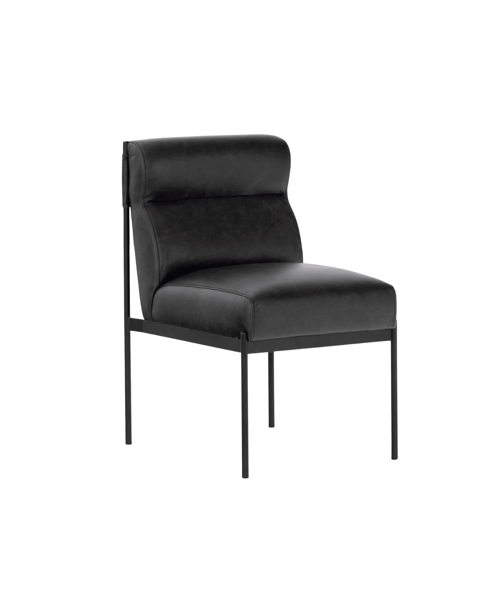 Black leather lounge chair with a slim metal frame, shown from the side/front angle against a black background.