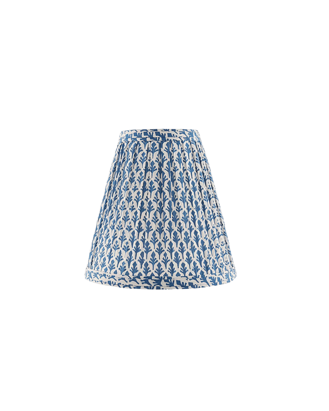 Blue and white patterned A-line skirt with a leaf/botanical print and an elastic waistband (summer/minimalist style).