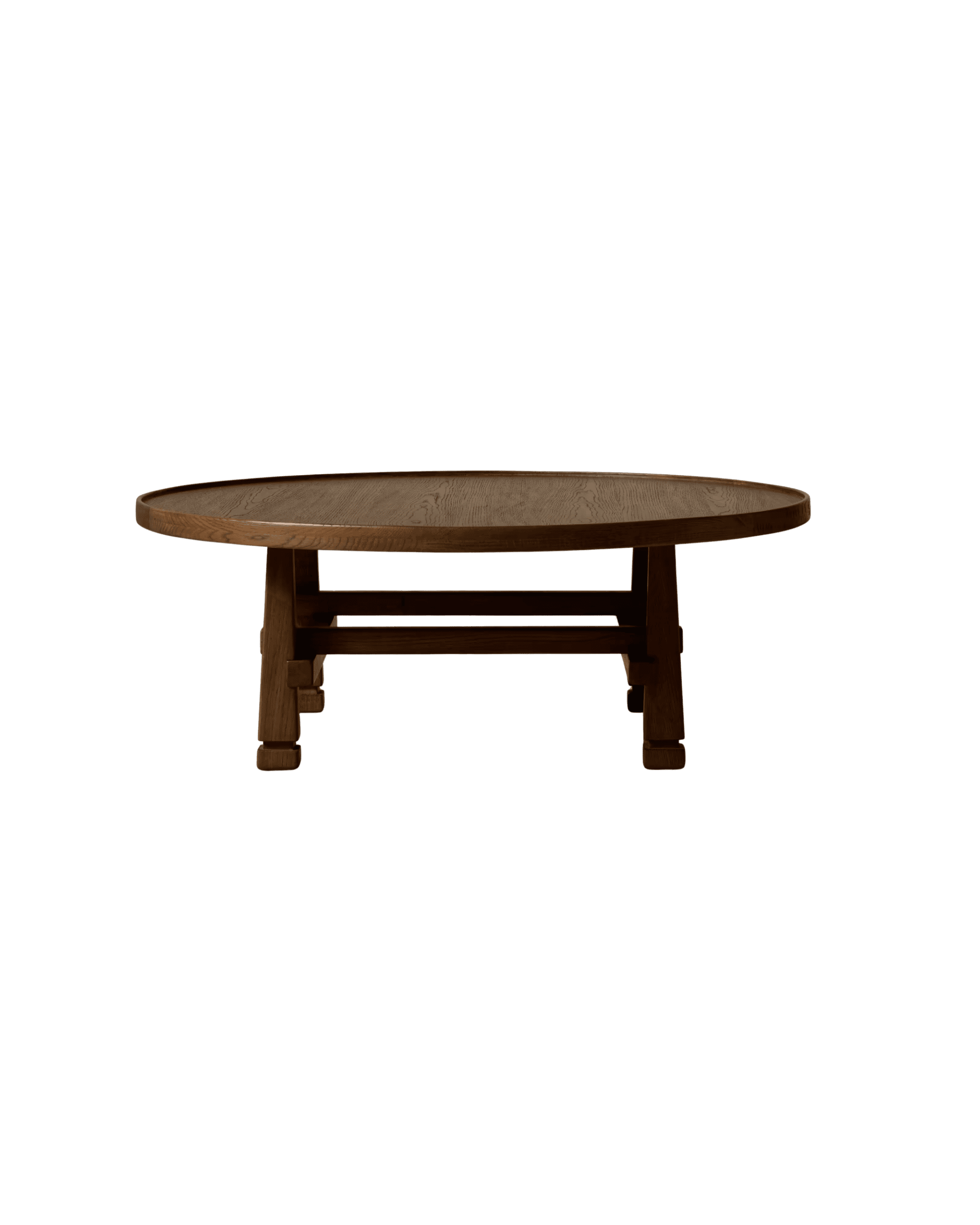 Round wooden table with visible grain and pedestal legs against a black background (studio shot).