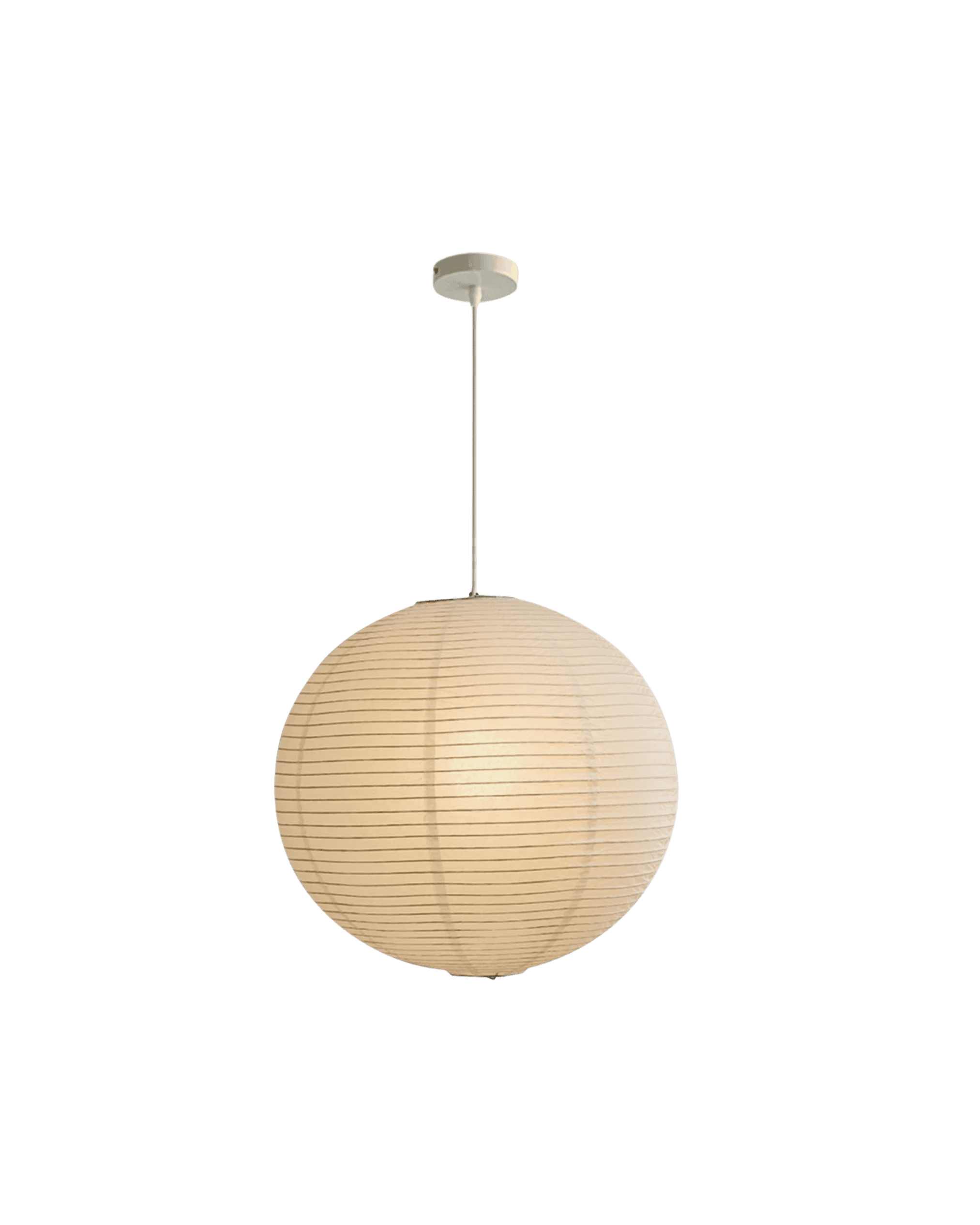 Pendant light with a white ceiling mount, slim stem, and a large beige paper lantern shade.