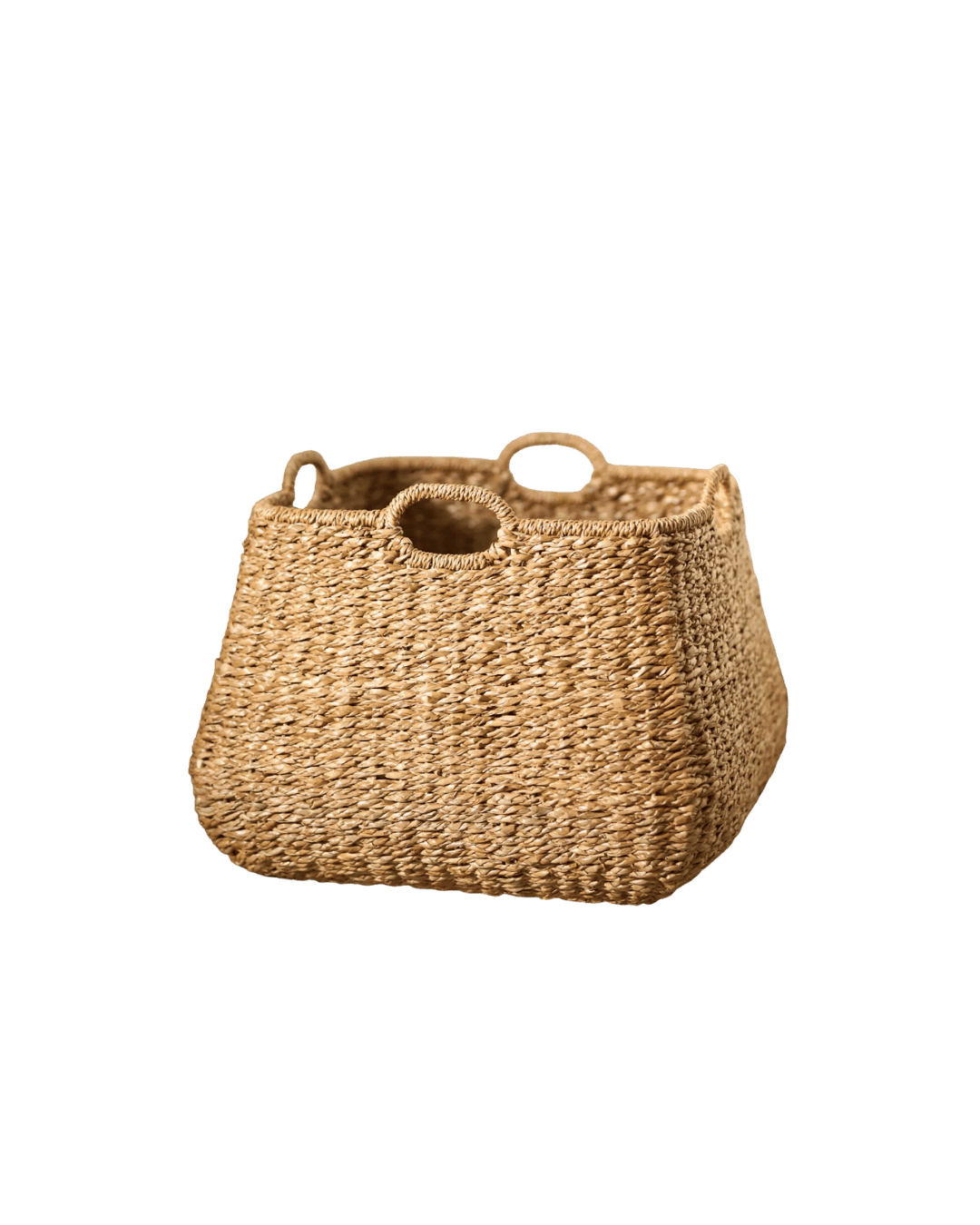 Woven straw handbag with circular handle openings on top