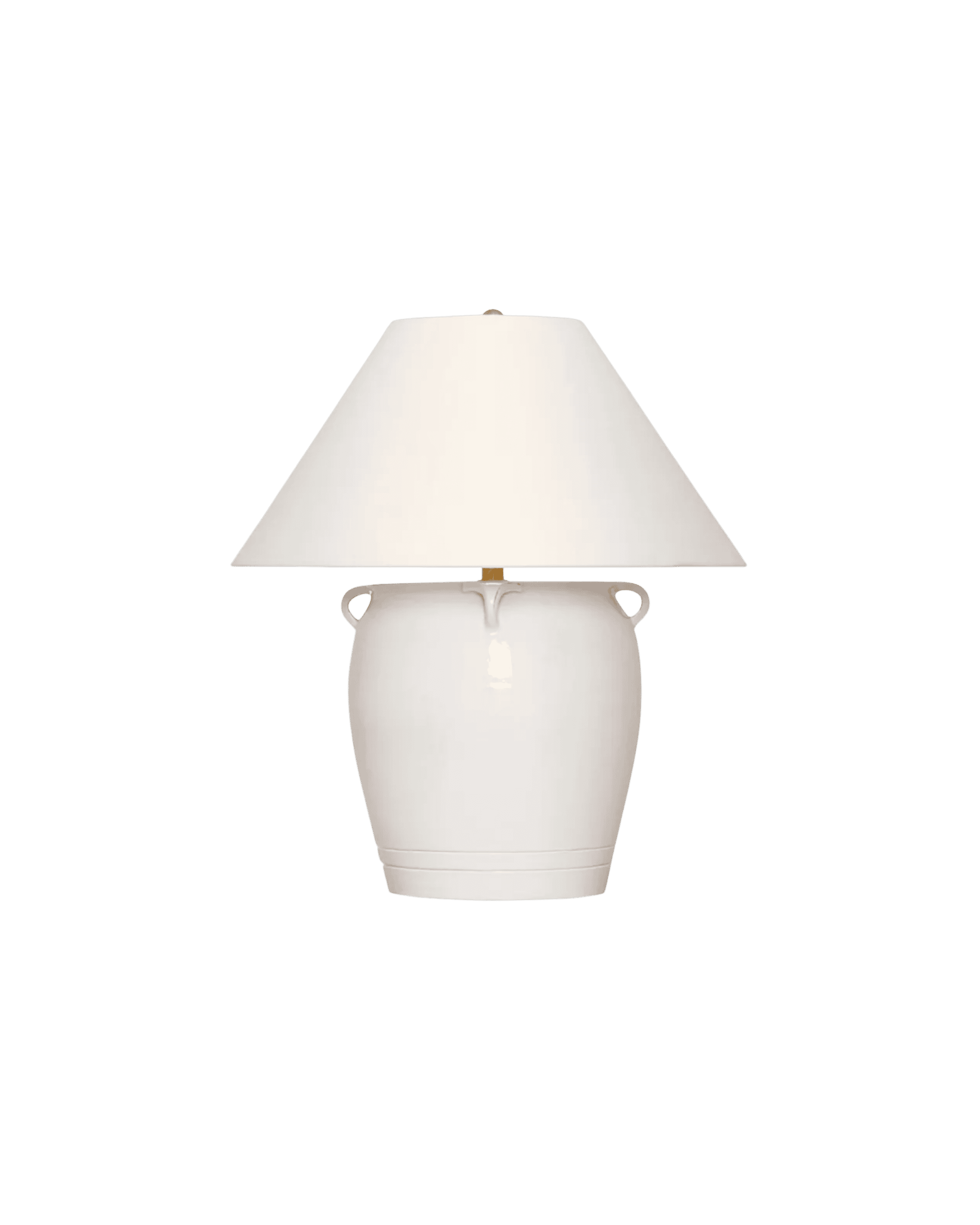 White ceramic table lamp with a bell-shaped shade, photographed from the front against a black background.
