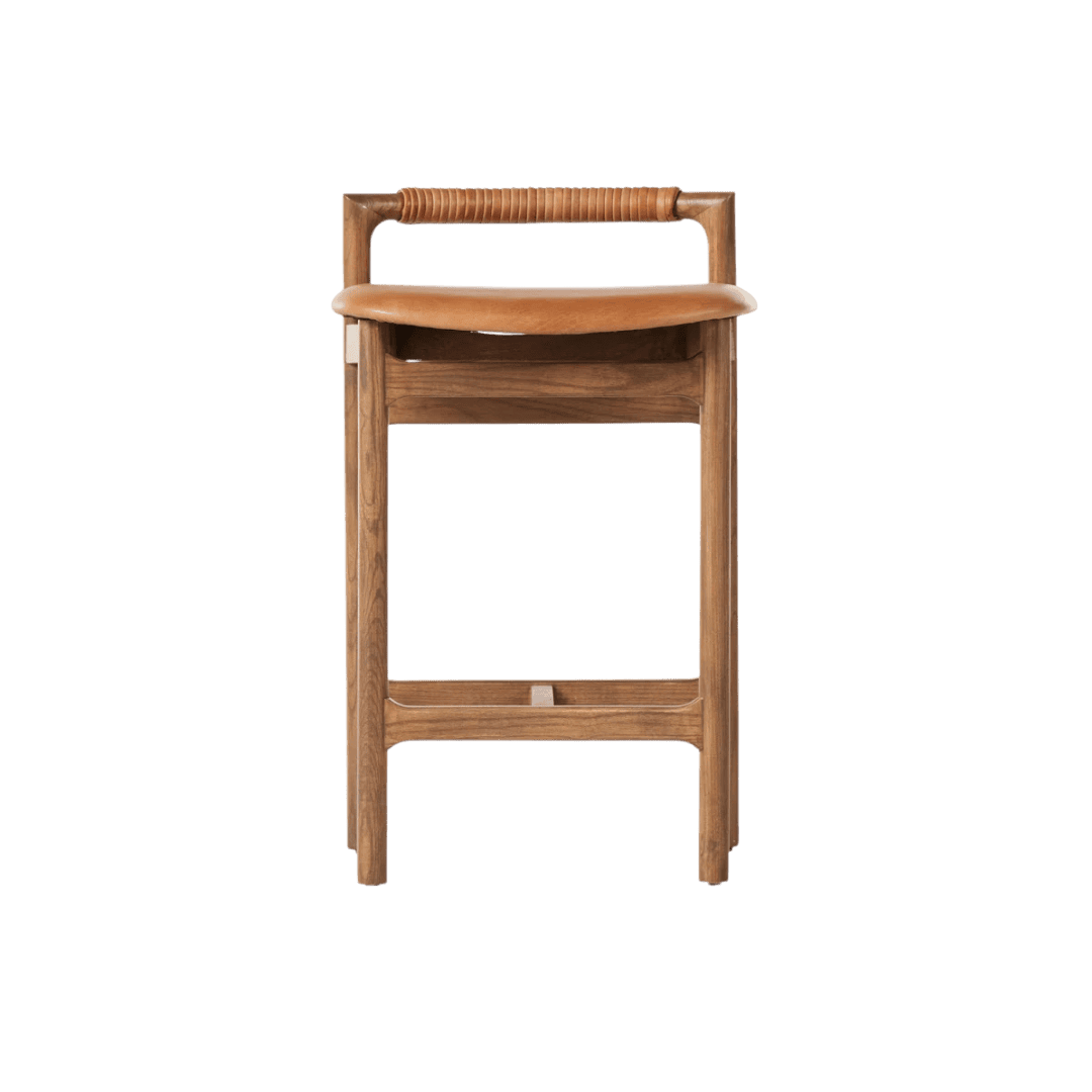 Wooden high chair with a curved brown leather seat and woven rattan back rail on four legs.