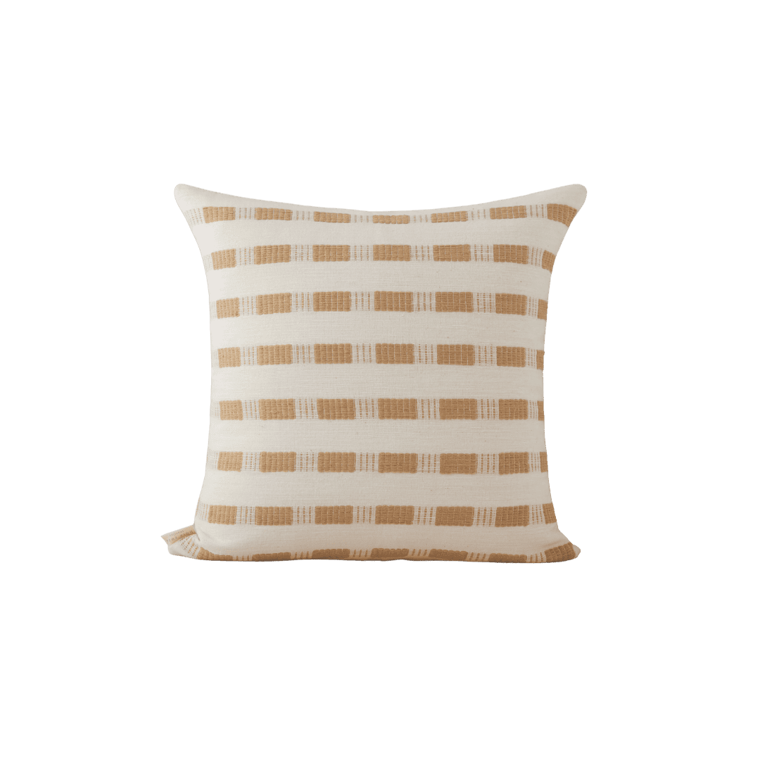 Cream-colored square throw pillow with tan rectangular stripe pattern arranged in horizontal rows on white fabric.