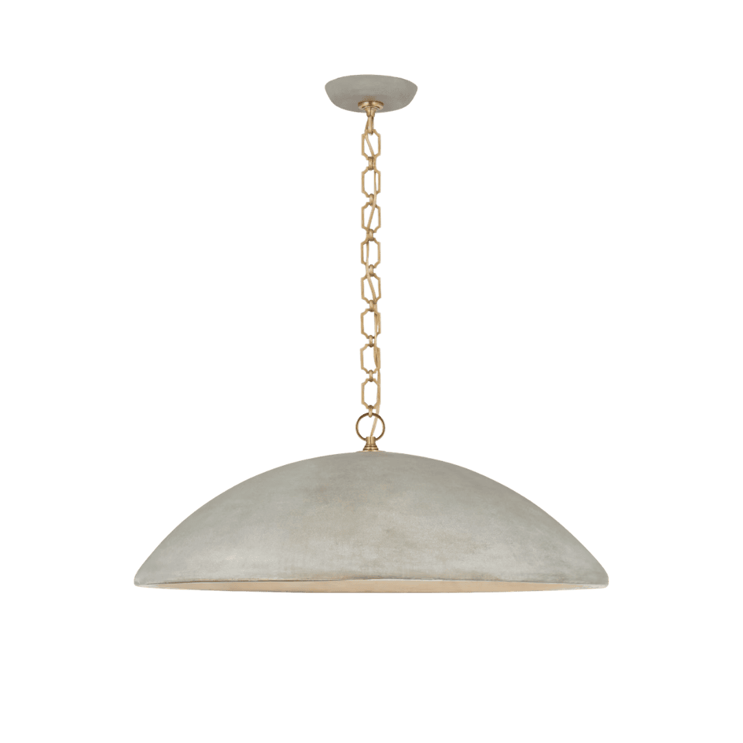 Pendant light with a wide, shallow gray dome shade hanging from a gold chain