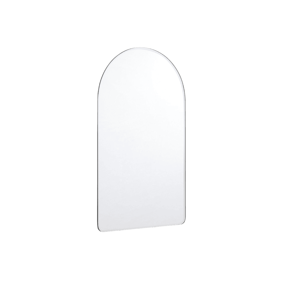 White arched panel standing upright on a green background.