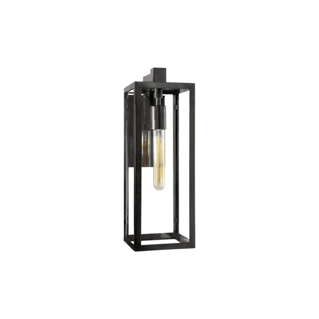 Industrial rectangular black metal frame lamp with a single hanging Edison bulb inside